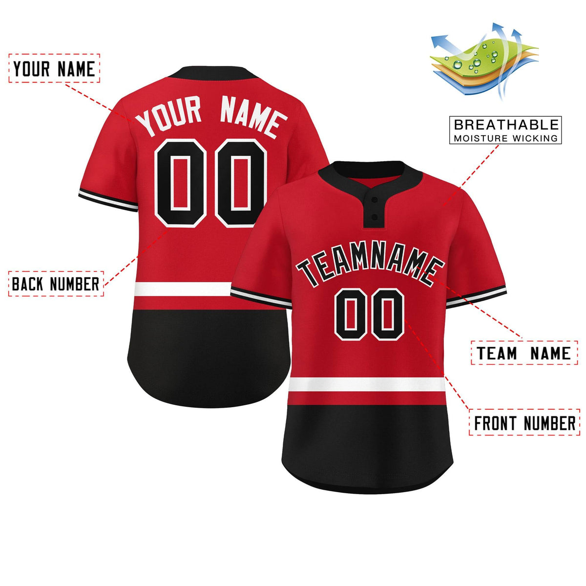Custom Red White-Black Color Block Personalized Authentic Two-Button Softball Jersey
