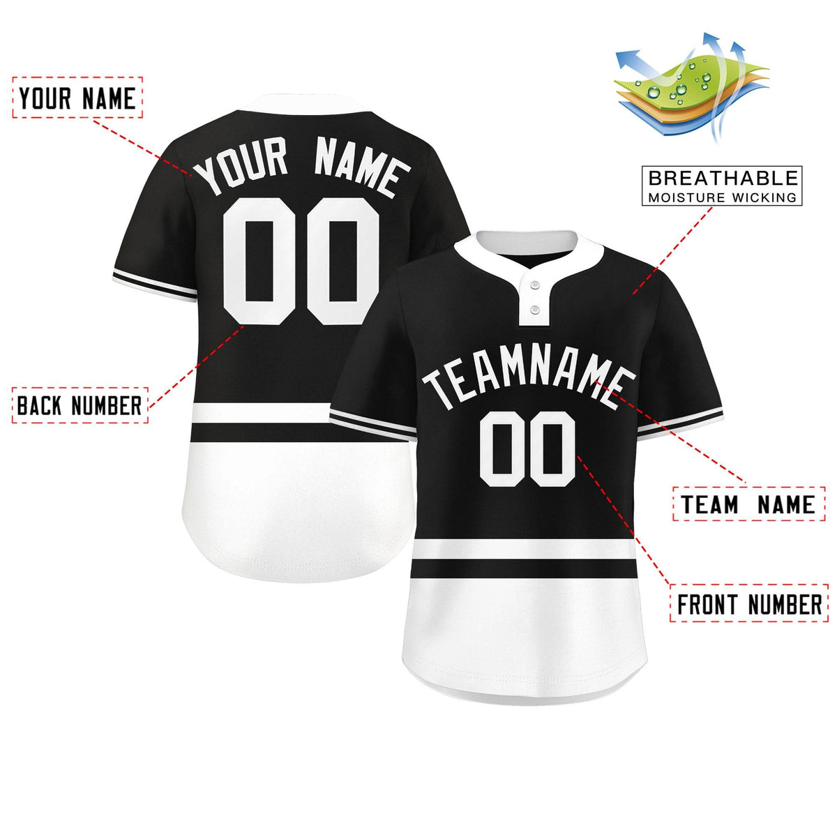 Custom Black White Color Block Personalized Authentic Two-Button Softball Jersey
