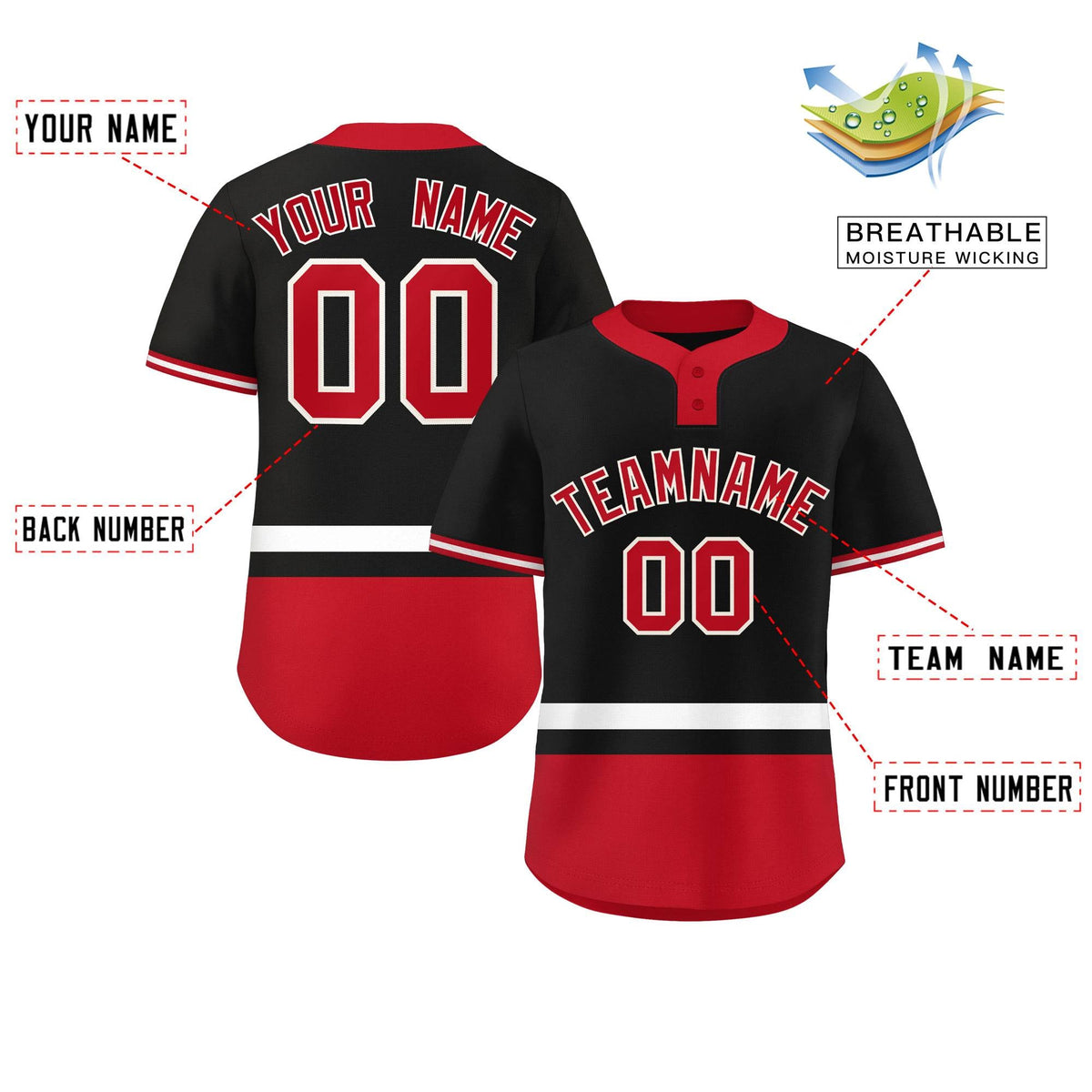 Custom Black White-Red Color Block Personalized Authentic Two-Button Softball Jersey