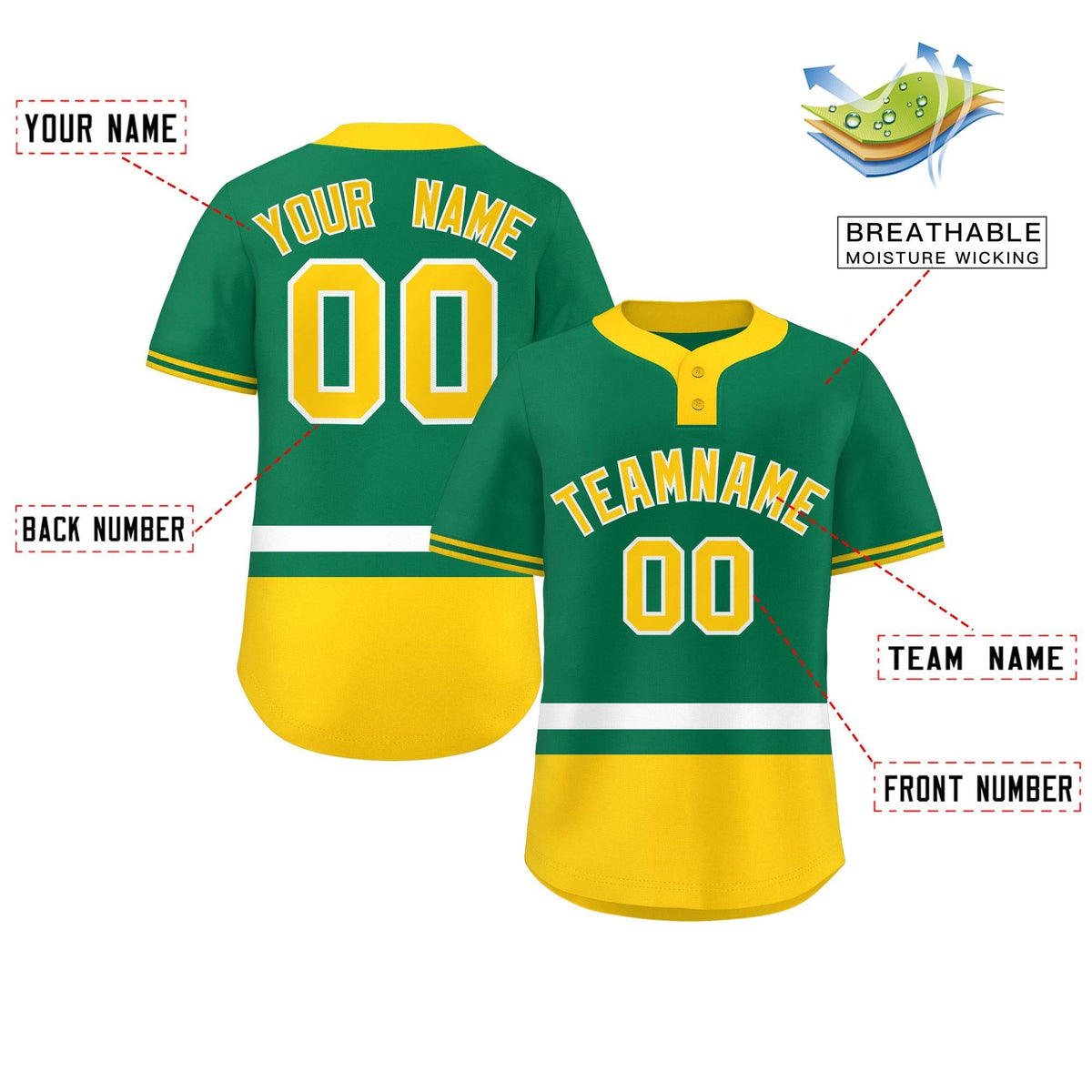 Custom Kelly Green White-Gold Color Block Personalized Authentic Two-Button Softball Jersey