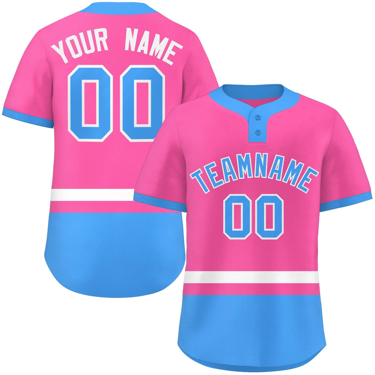 Custom Pink White-Powder Blue Color Block Personalized Authentic Two-Button Softball Jersey