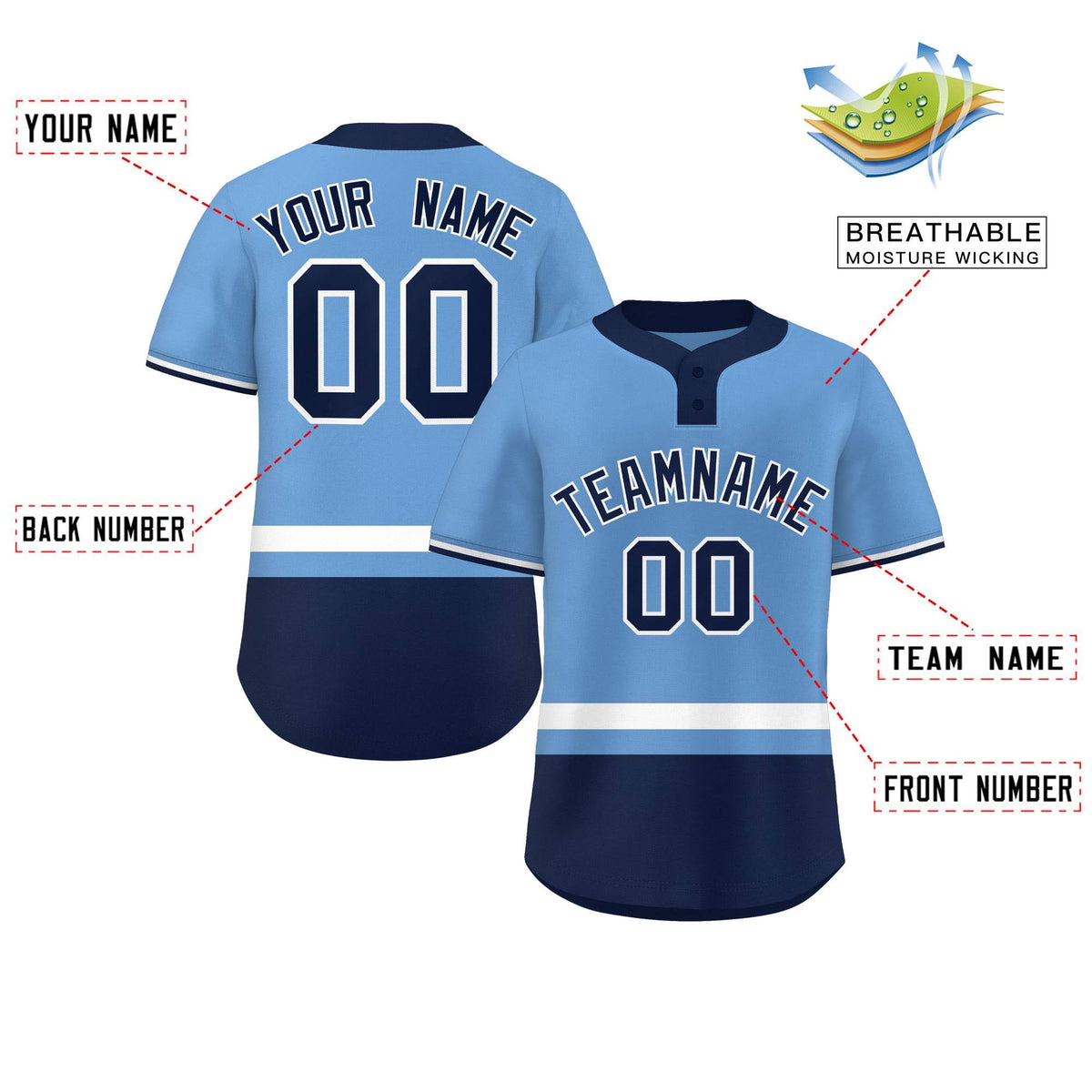 Custom Light Blue White-Navy Color Block Personalized Authentic Two-Button Softball Jersey