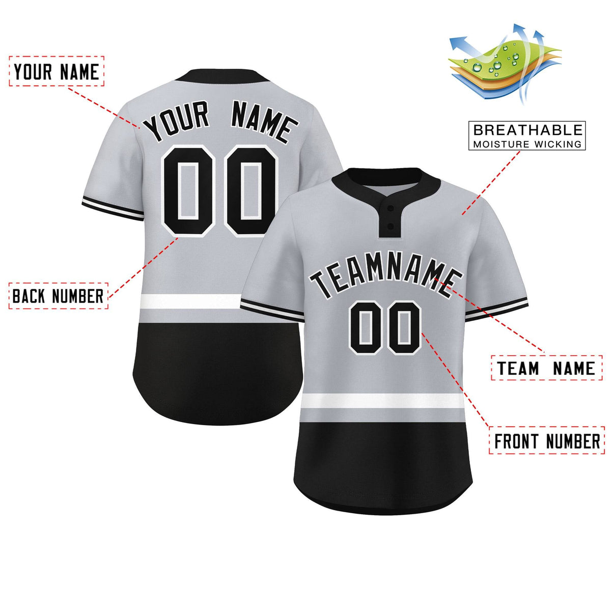 Custom Gray White-Black Color Block Personalized Authentic Two-Button Softball Jersey
