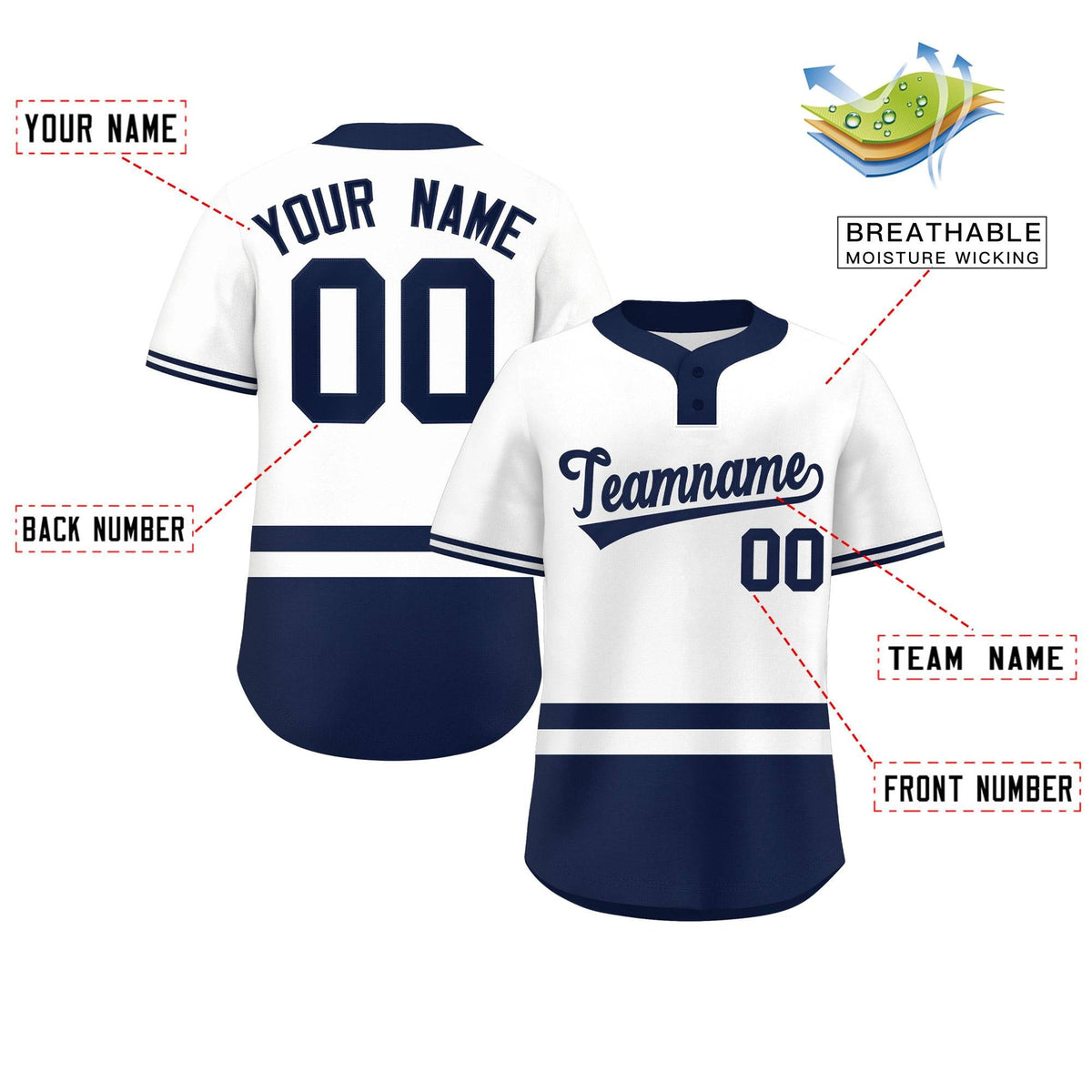 Custom White Navy Color Block Personalized Authentic Two-Button Softball Jersey