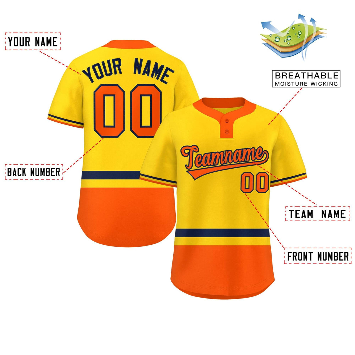 Custom Gold Navy-Orange Color Block Personalized Authentic Two-Button Softball Jersey