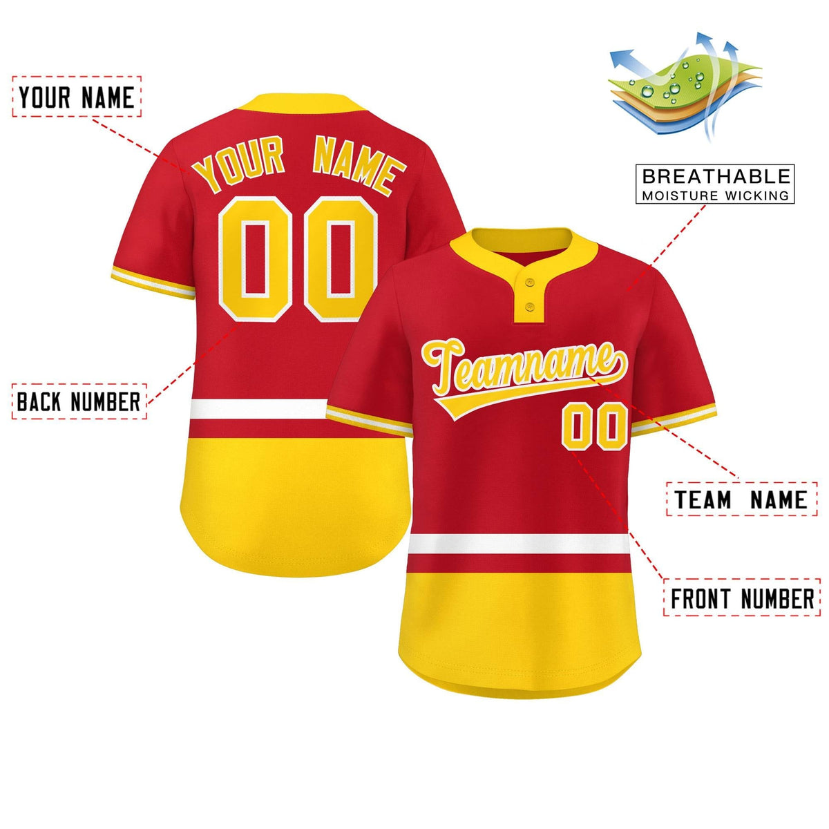 Custom Red White-Gold Color Block Personalized Authentic Two-Button Softball Jersey