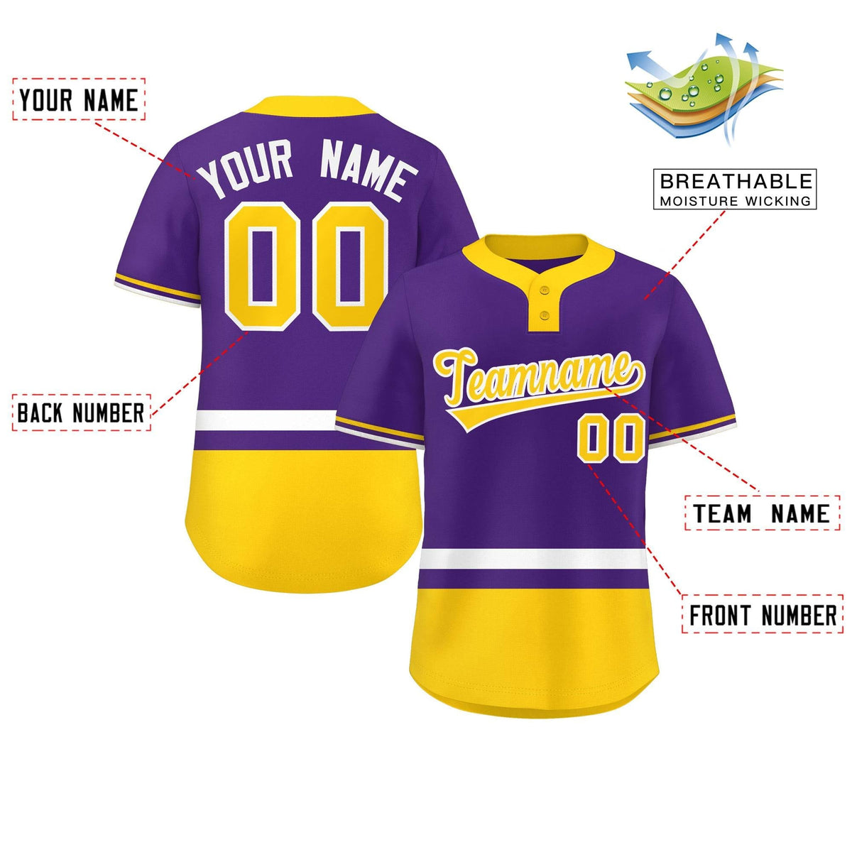 Custom Purple White-Gold Color Block Personalized Authentic Two-Button Softball Jersey