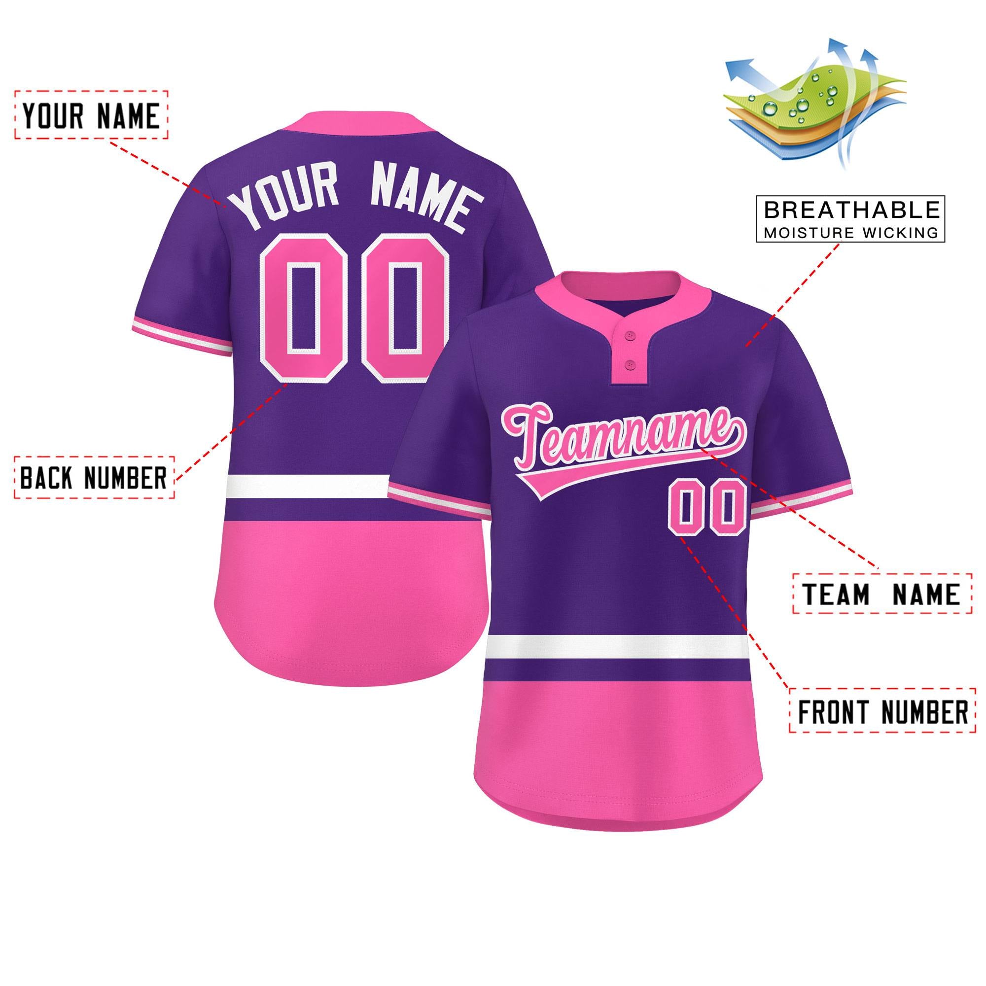 Custom Purple White-Pink Color Block Personalized Authentic Two-Button Softball Jersey