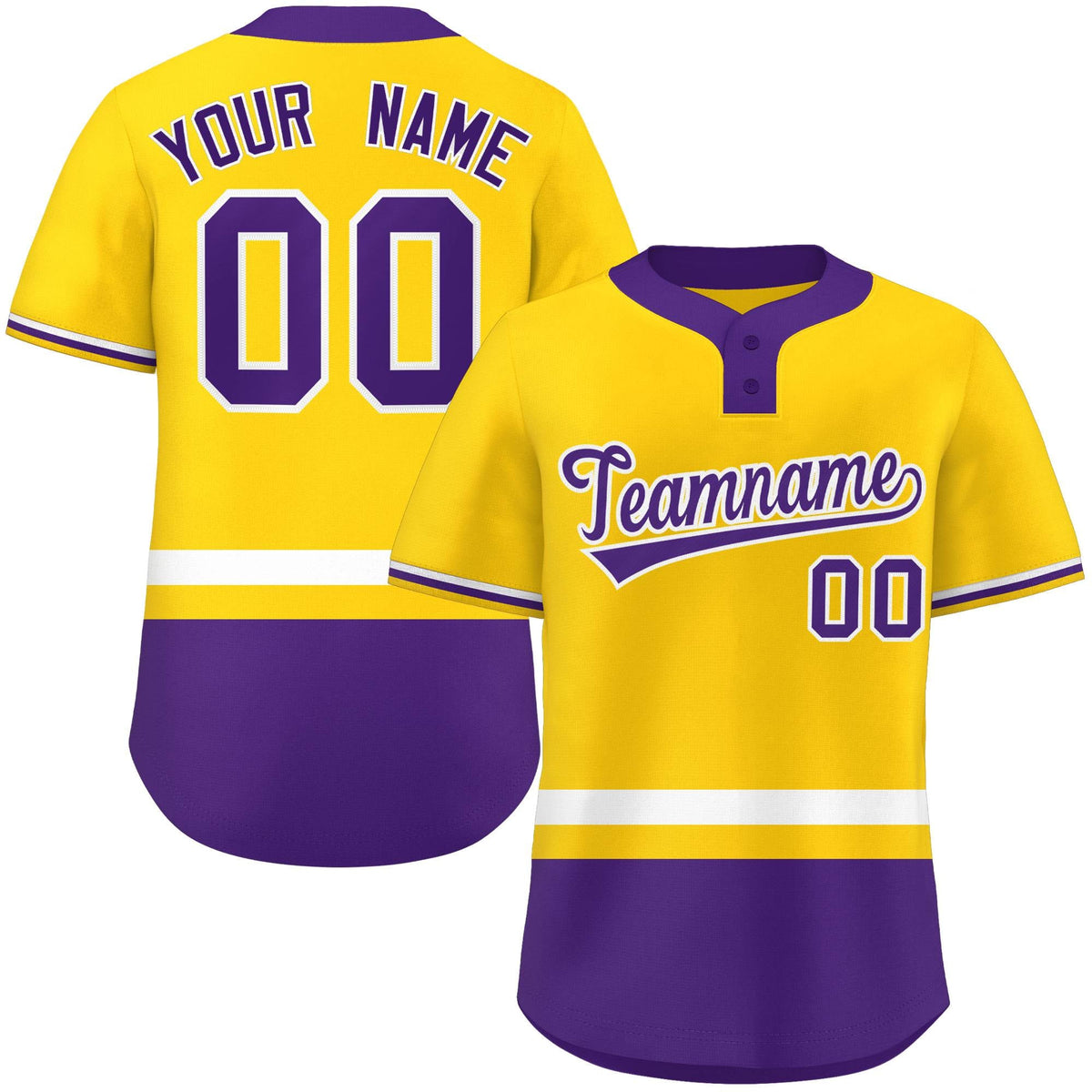 Custom Gold White-Purple Color Block Personalized Authentic Two-Button Softball Jersey
