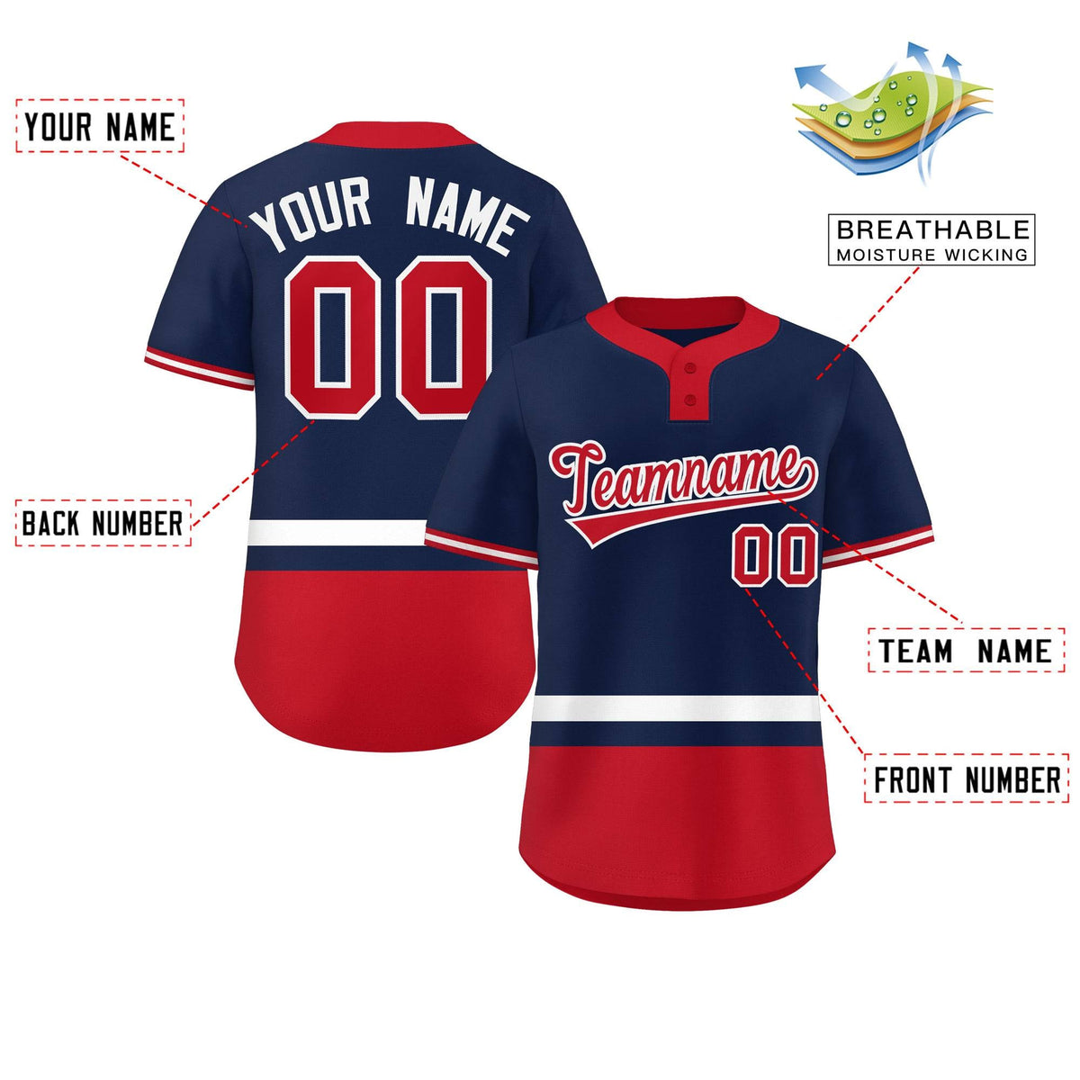 Custom Navy White-Red Color Block Personalized Authentic Two-Button Softball Jersey