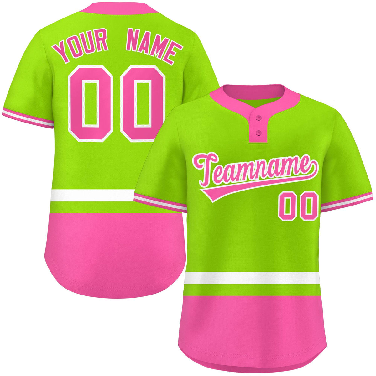 Custom Neon Green White-Pink Color Block Personalized Authentic Two-Button Softball Jersey