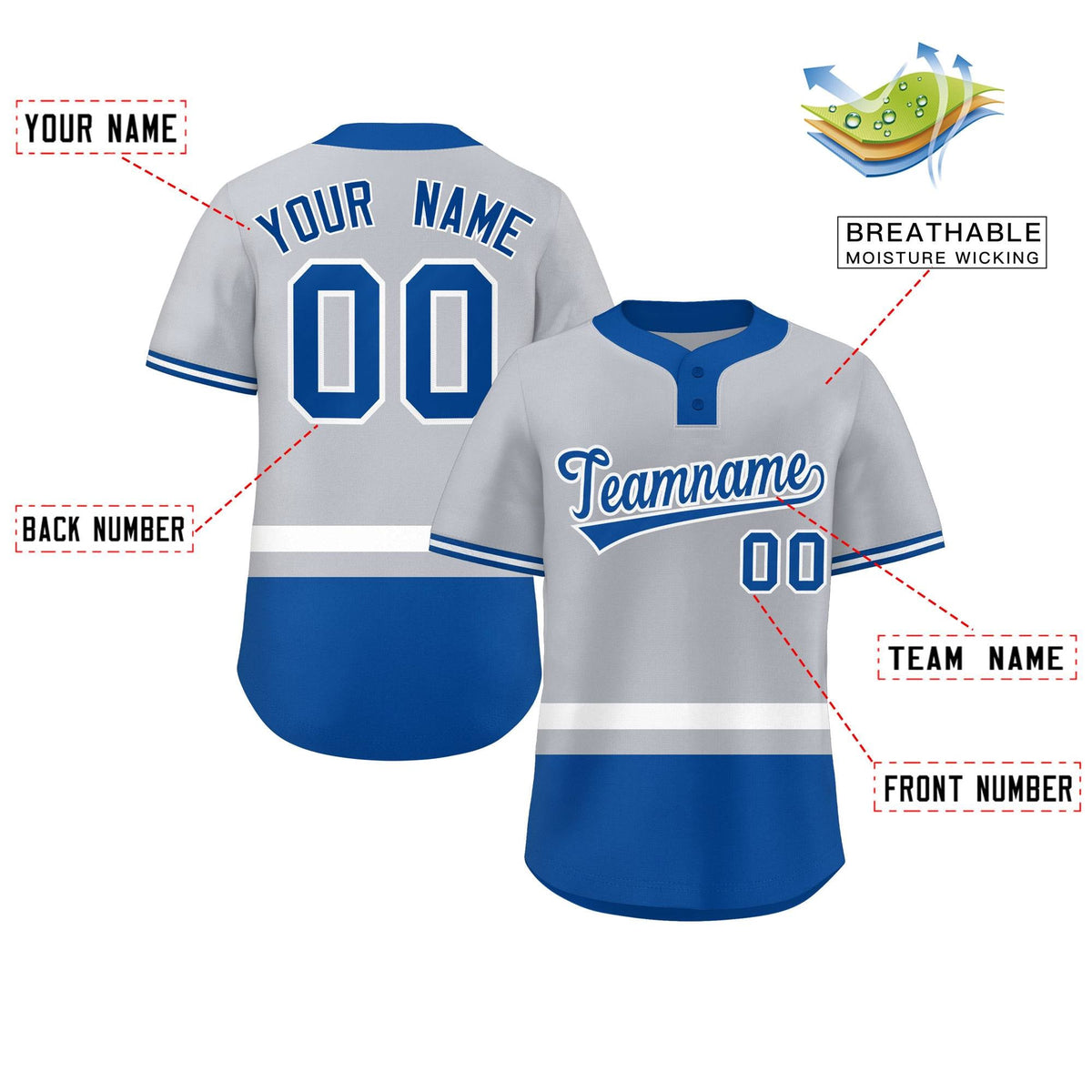 Custom Gray White-Royal Color Block Personalized Authentic Two-Button Softball Jersey