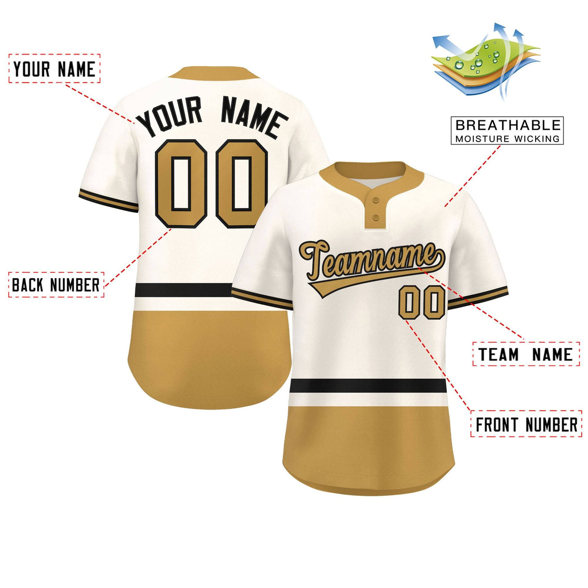 Custom Cream Black-Old Gold Color Block Personalized Authentic Two-Button Softball Jersey
