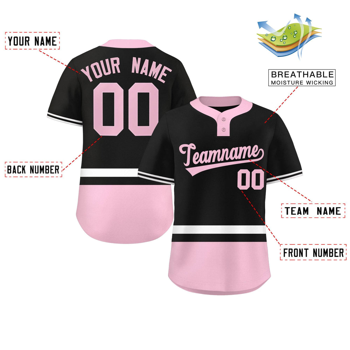 Custom Black White-Lt Pink Color Block Personalized Authentic Two-Button Softball Jersey