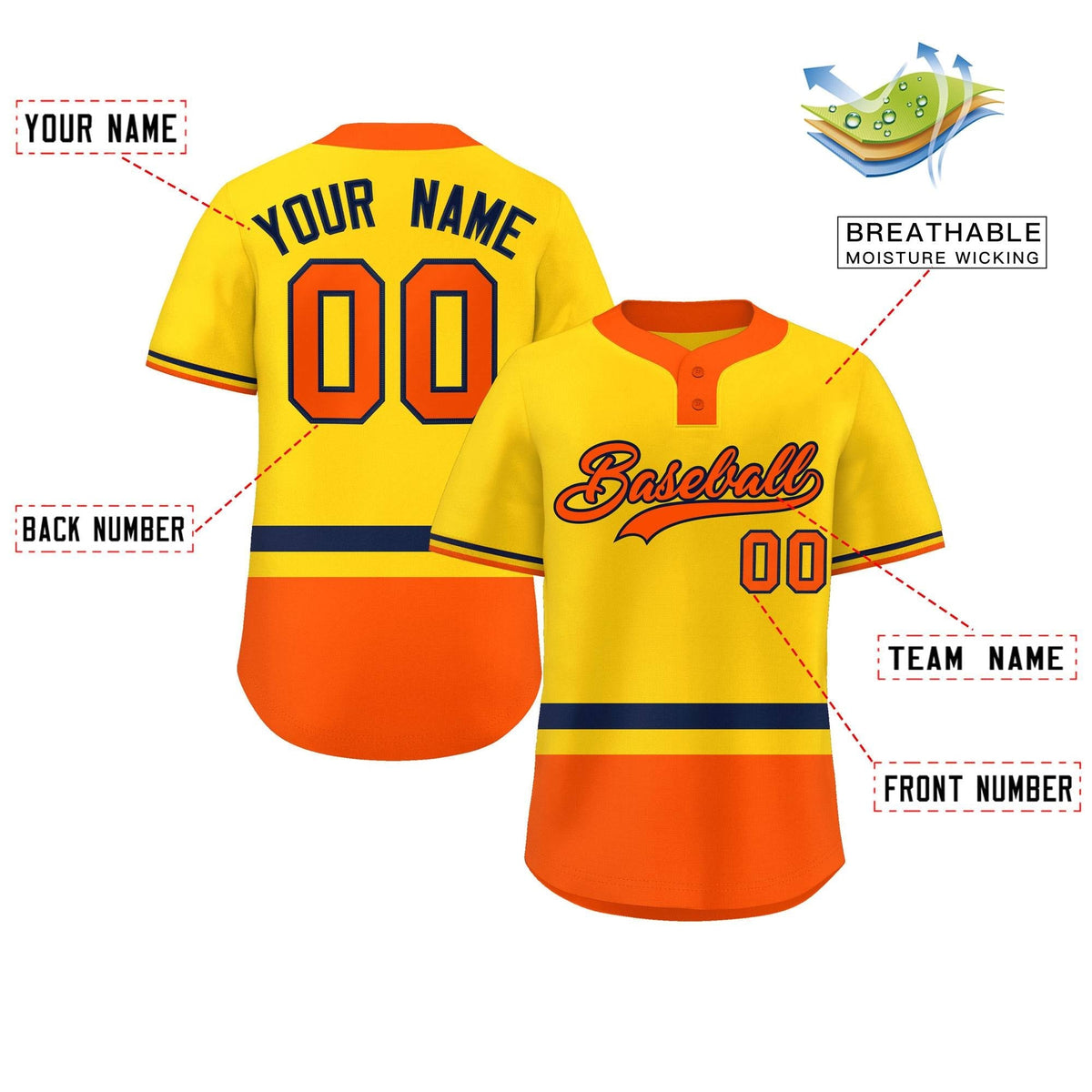 Custom Gold Navy-Orange Color Block Personalized Authentic Two-Button Softball Jersey