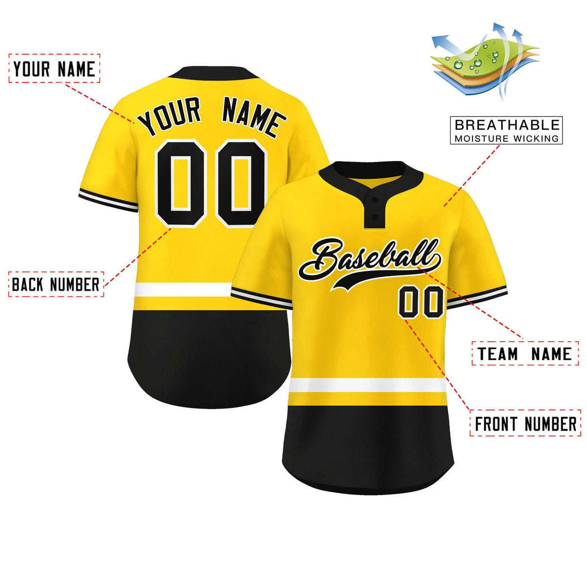 Custom Gold White-Black Color Block Personalized Authentic Two-Button Softball Jersey