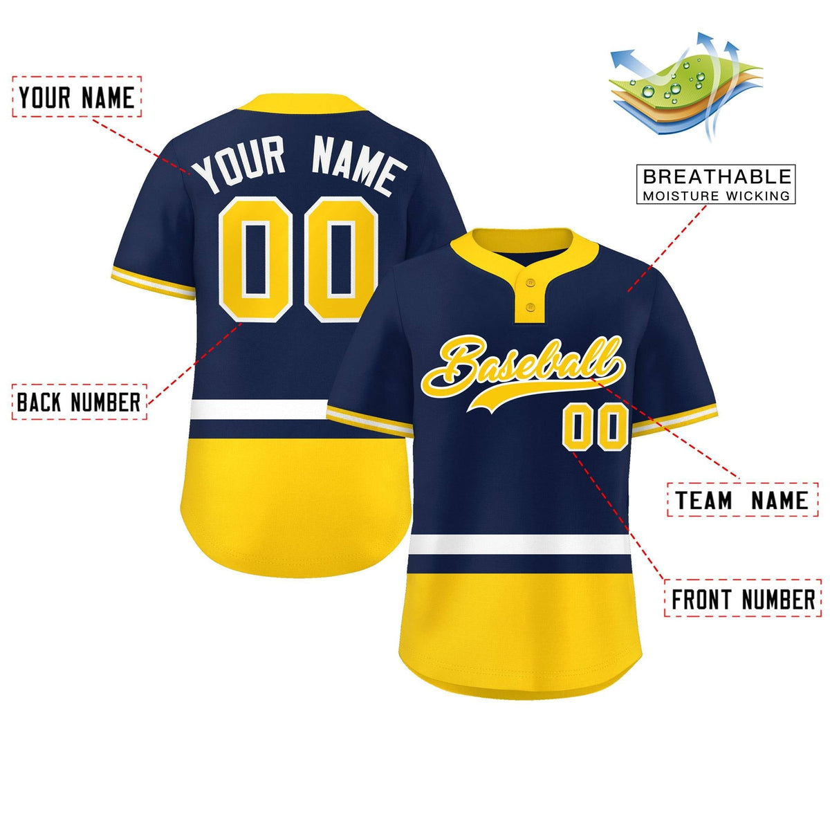 Custom Navy White-Gold Color Block Personalized Authentic Two-Button Softball Jersey