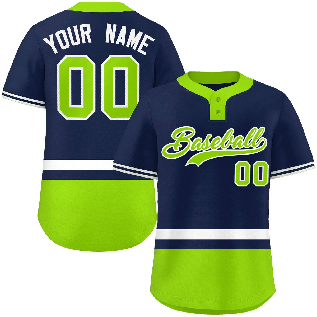 Custom Navy White-Neon Green Color Block Personalized Authentic Two-Button Softball Jersey
