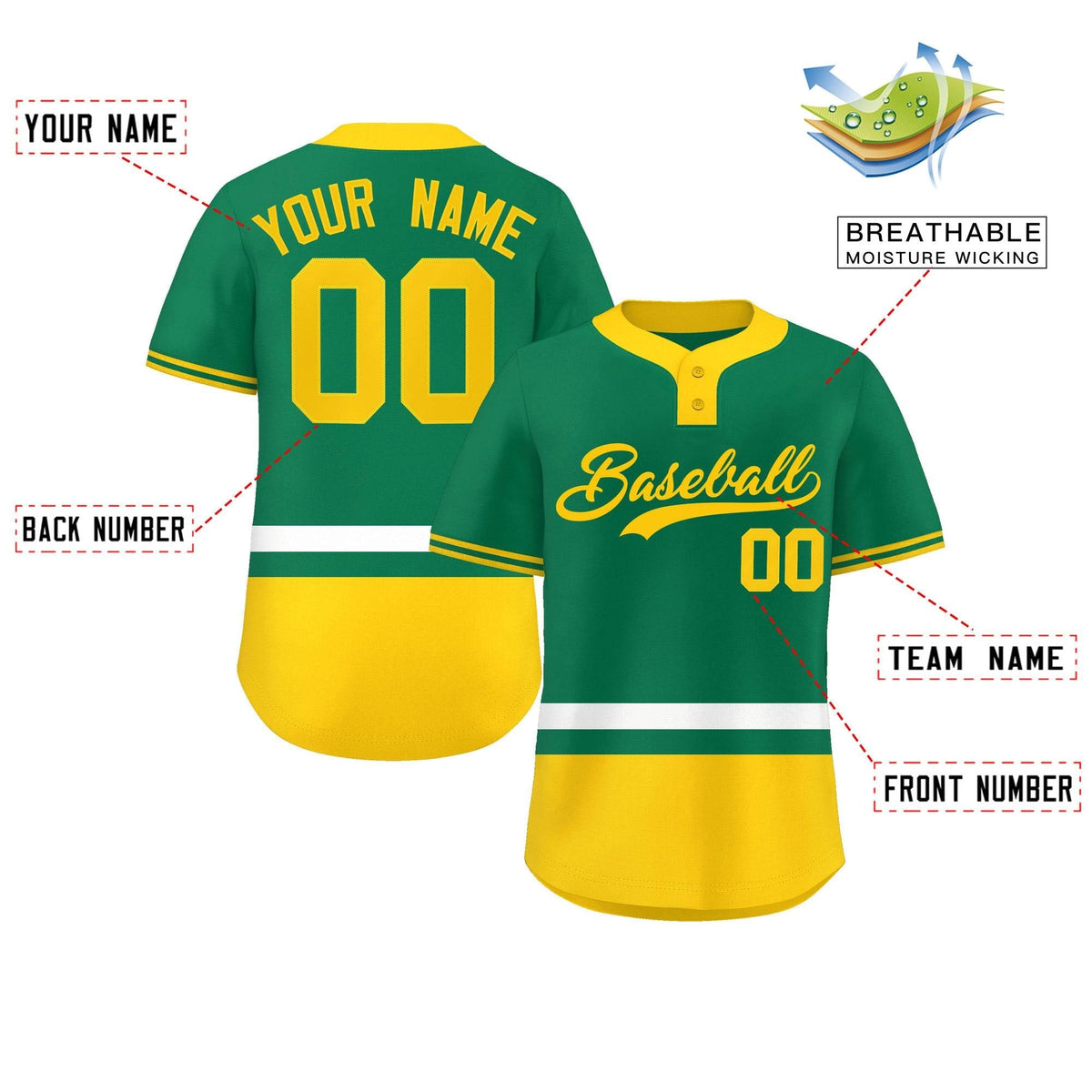 Custom Kelly Green White-Gold Color Block Personalized Authentic Two-Button Softball Jersey