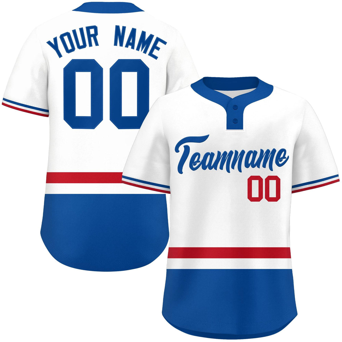 Custom White Red-Royal Color Block Personalized Authentic Two-Button Softball Jersey