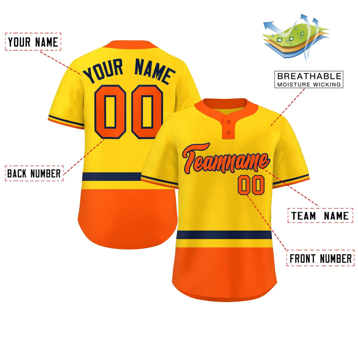Custom Gold Navy-Orange Color Block Personalized Authentic Two-Button Softball Jersey