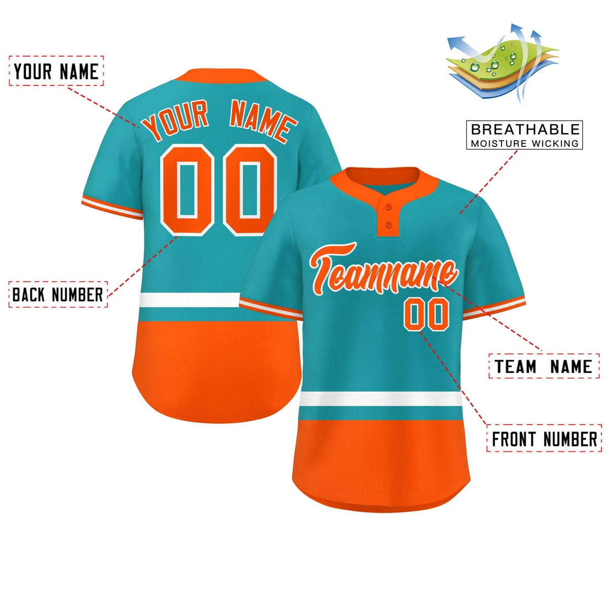 Custom Aqua White-Orange Color Block Personalized Authentic Two-Button Softball Jersey