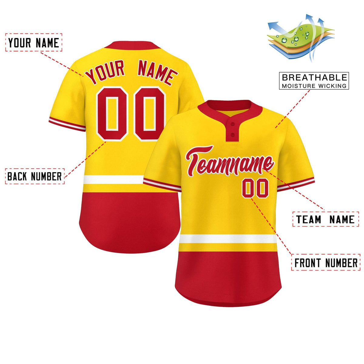 Custom Gold White-Red Color Block Personalized Authentic Two-Button Softball Jersey