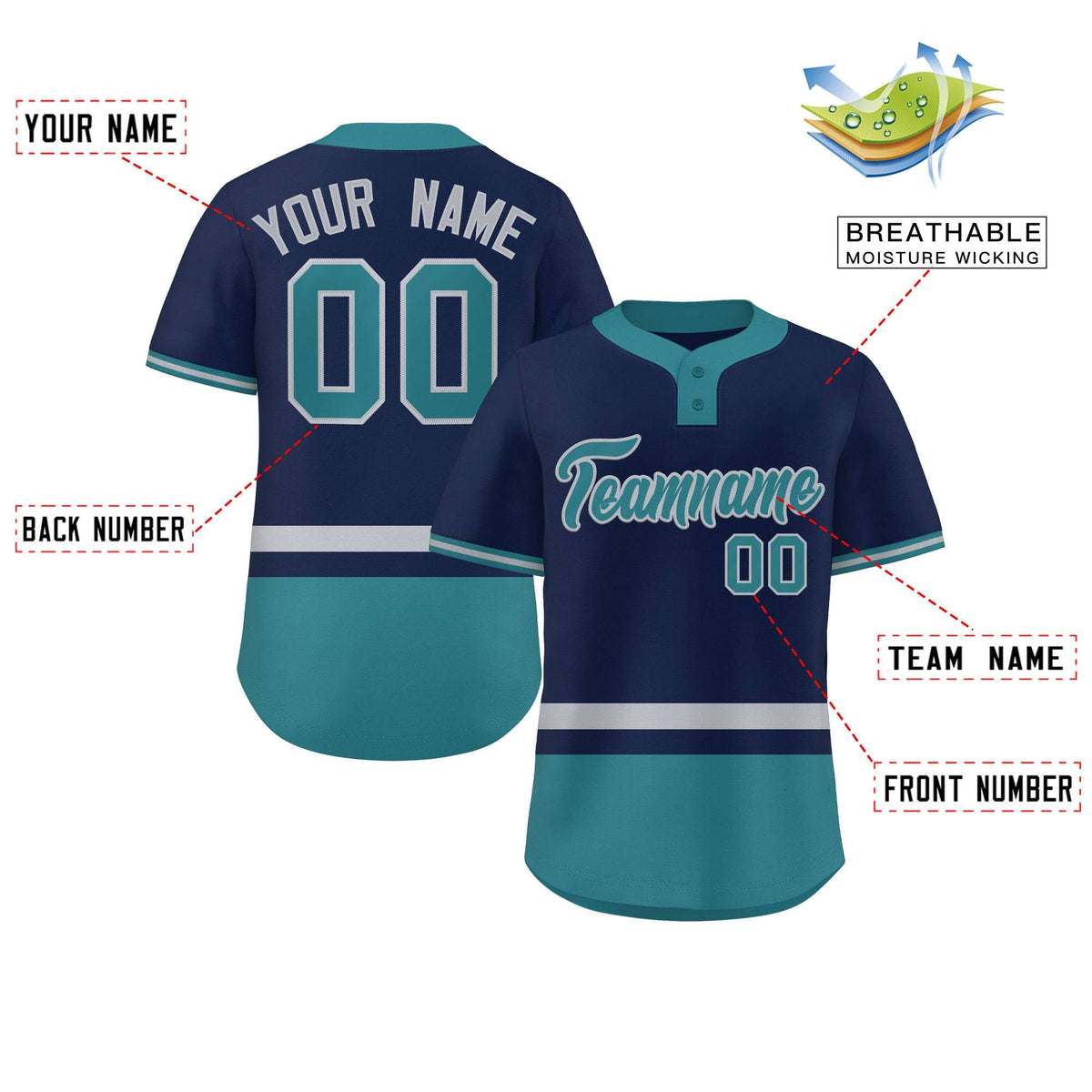 Custom Navy Gray-Aqua Color Block Personalized Authentic Two-Button Softball Jersey