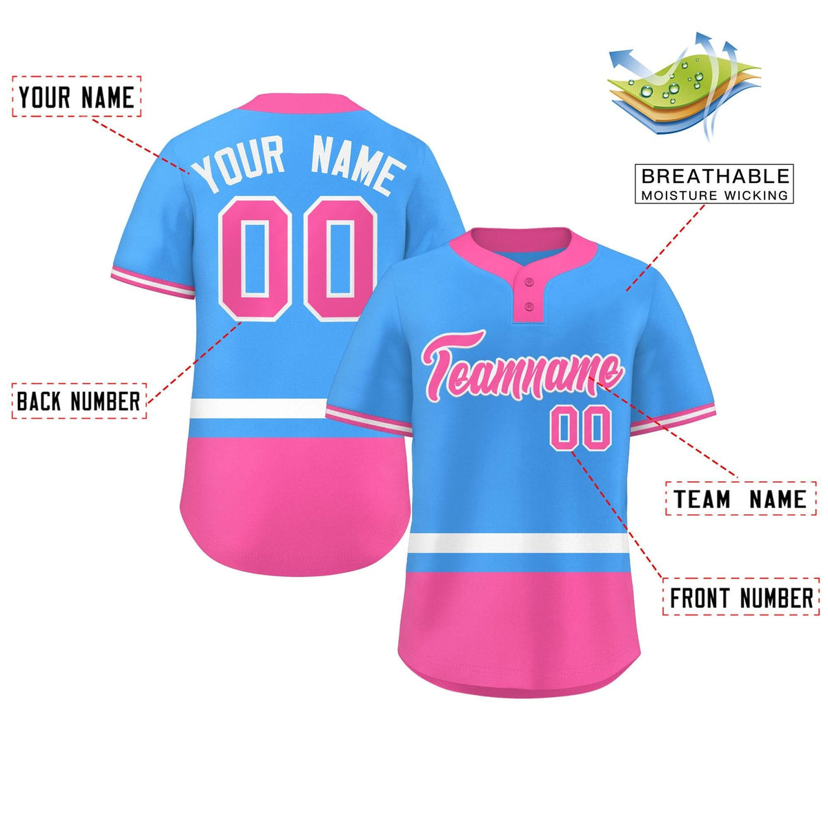 Custom Powder Blue White-Pink Color Block Personalized Authentic Two-Button Softball Jersey