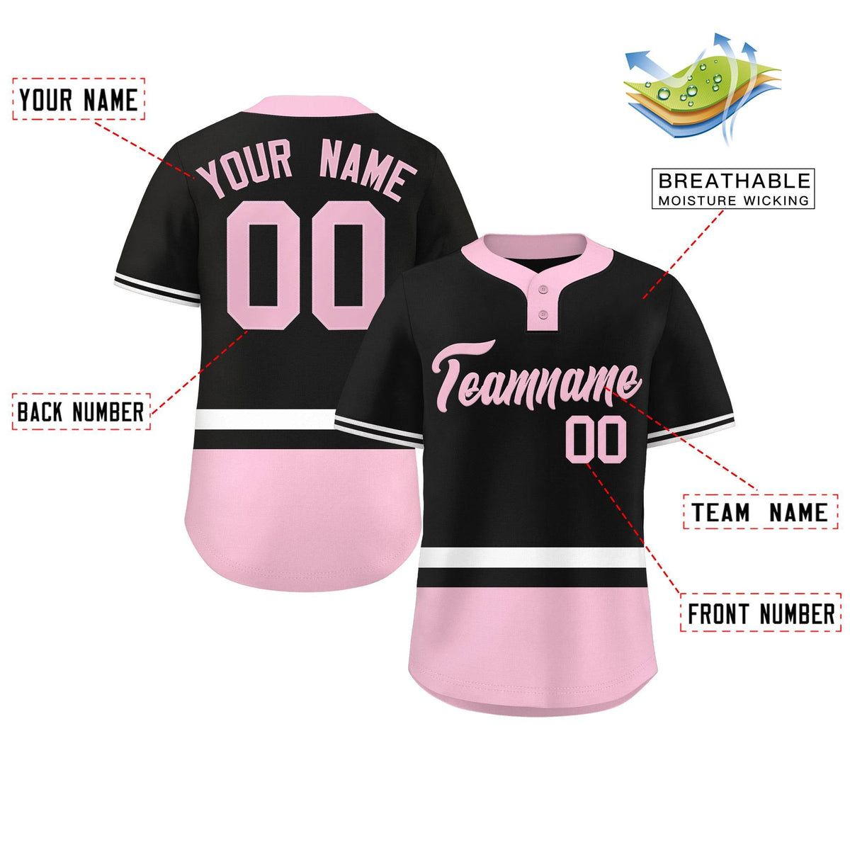 Custom Black White-Lt Pink Color Block Personalized Authentic Two-Button Softball Jersey