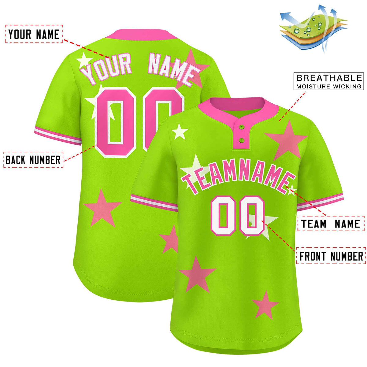 Custom Neon Green Pink Personalized Star Graffiti Pattern Authentic Two-Button Baseball Jersey