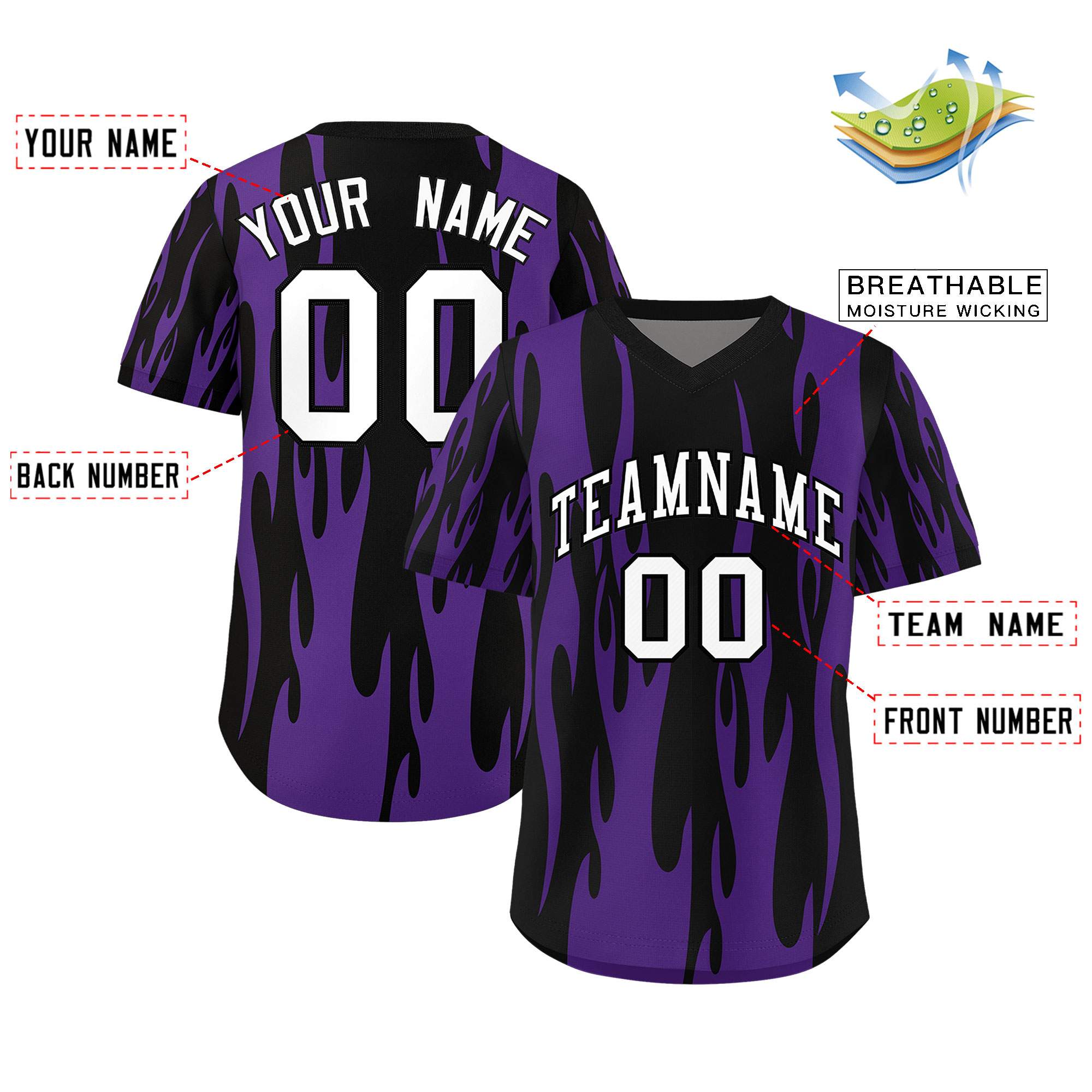 Custom Black Purple Flame Pattern Authentic Pullover Baseball Jersey