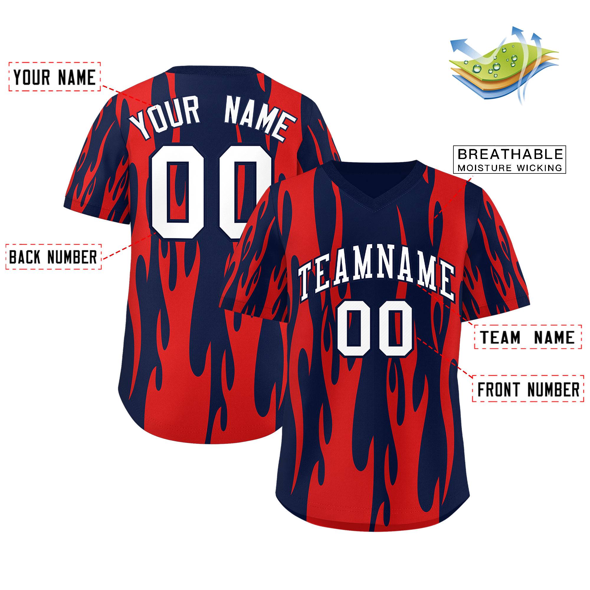 Custom Navy Red Flame Pattern Authentic Pullover Baseball Jersey