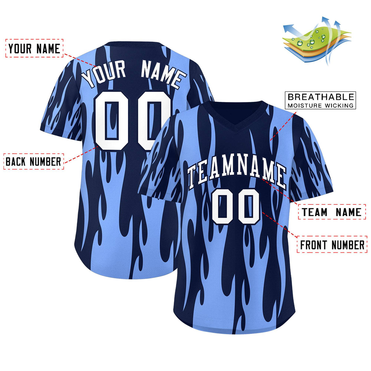 Custom Navy Light Blue Flame Pattern Authentic Pullover Baseball Jersey