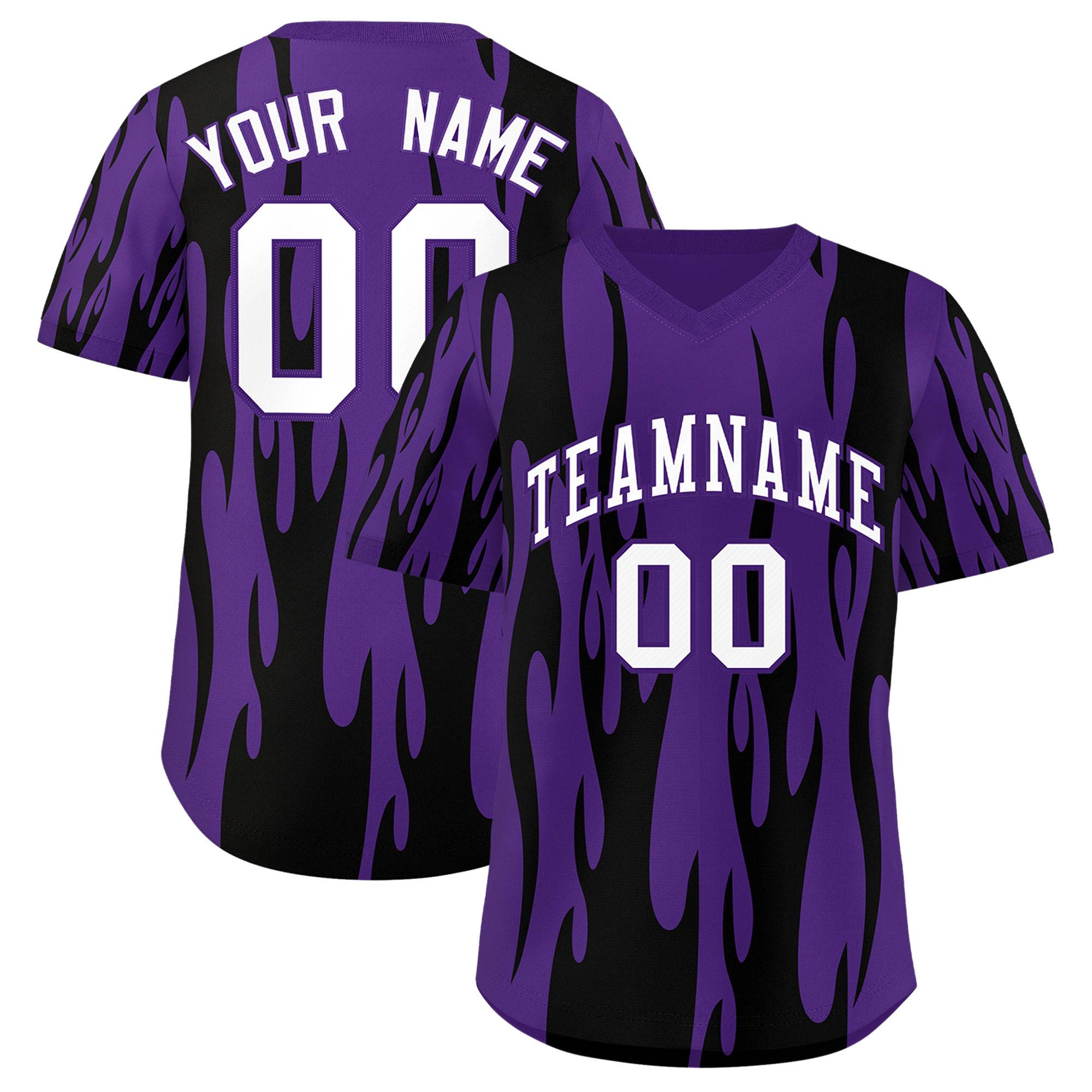 Custom Purple Black Flame Pattern Authentic Pullover Baseball Jersey