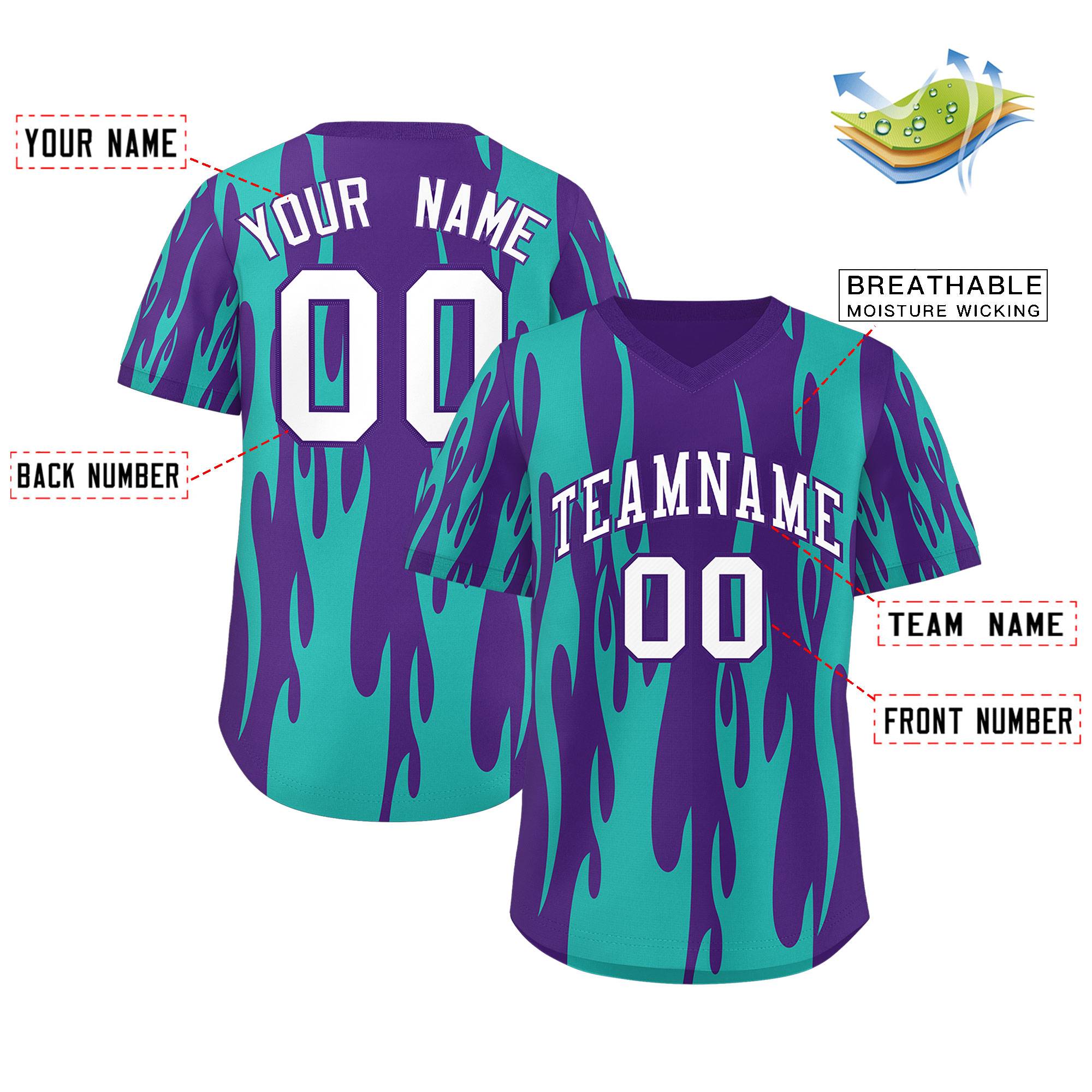 Custom Purple Aqua Flame Pattern Authentic Pullover Baseball Jersey