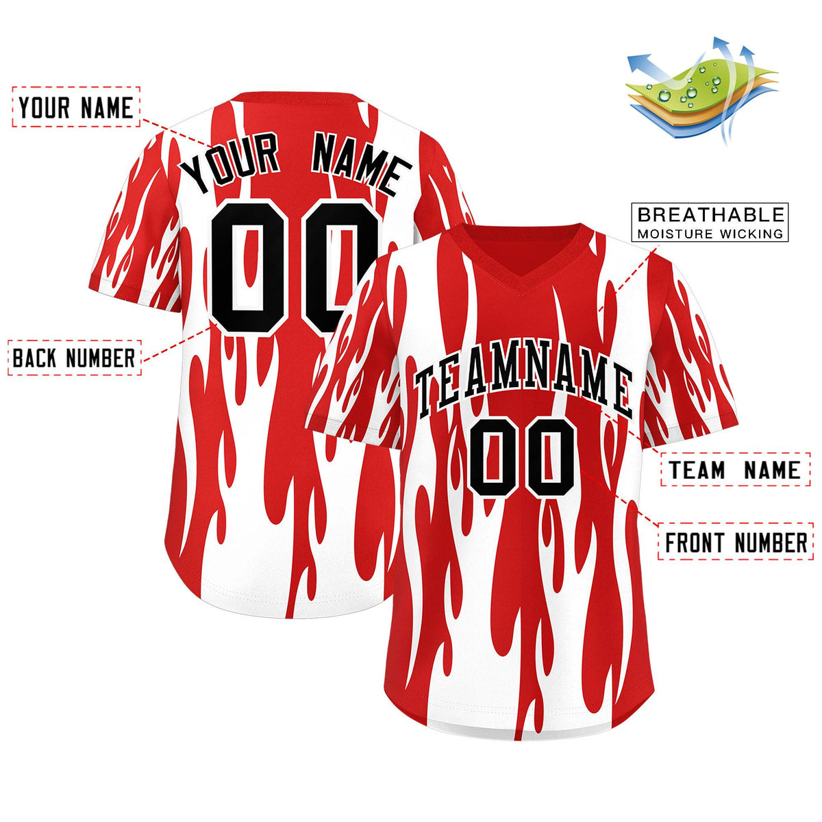 Custom Red White Flame Pattern Authentic Pullover Baseball Jersey