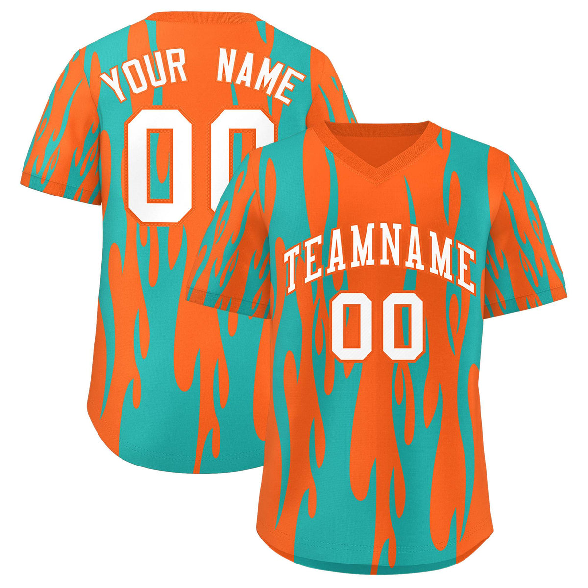 Custom Orange Aqua Flame Pattern Authentic Pullover Baseball Jersey