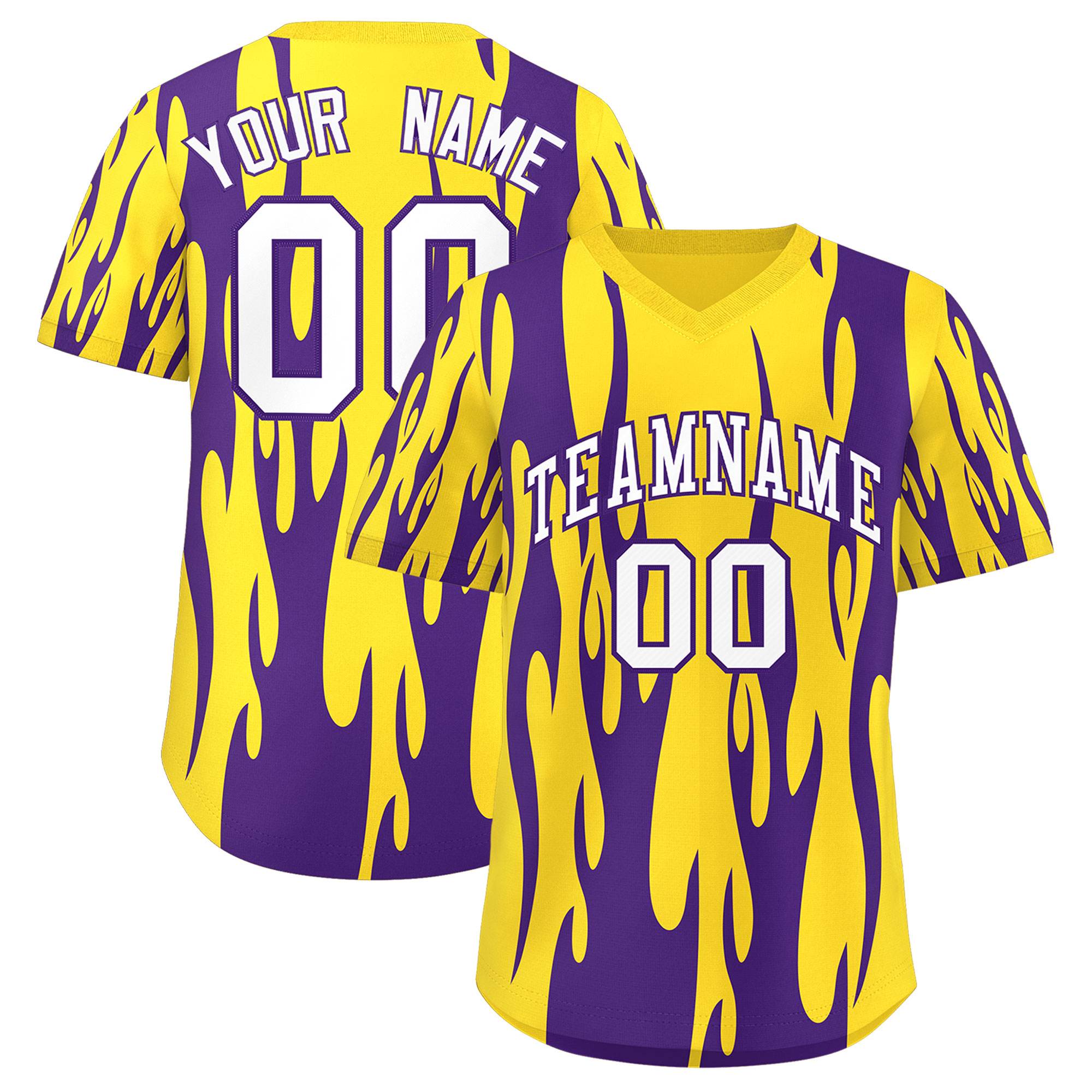Custom Gold Purple Flame Pattern Authentic Pullover Baseball Jersey