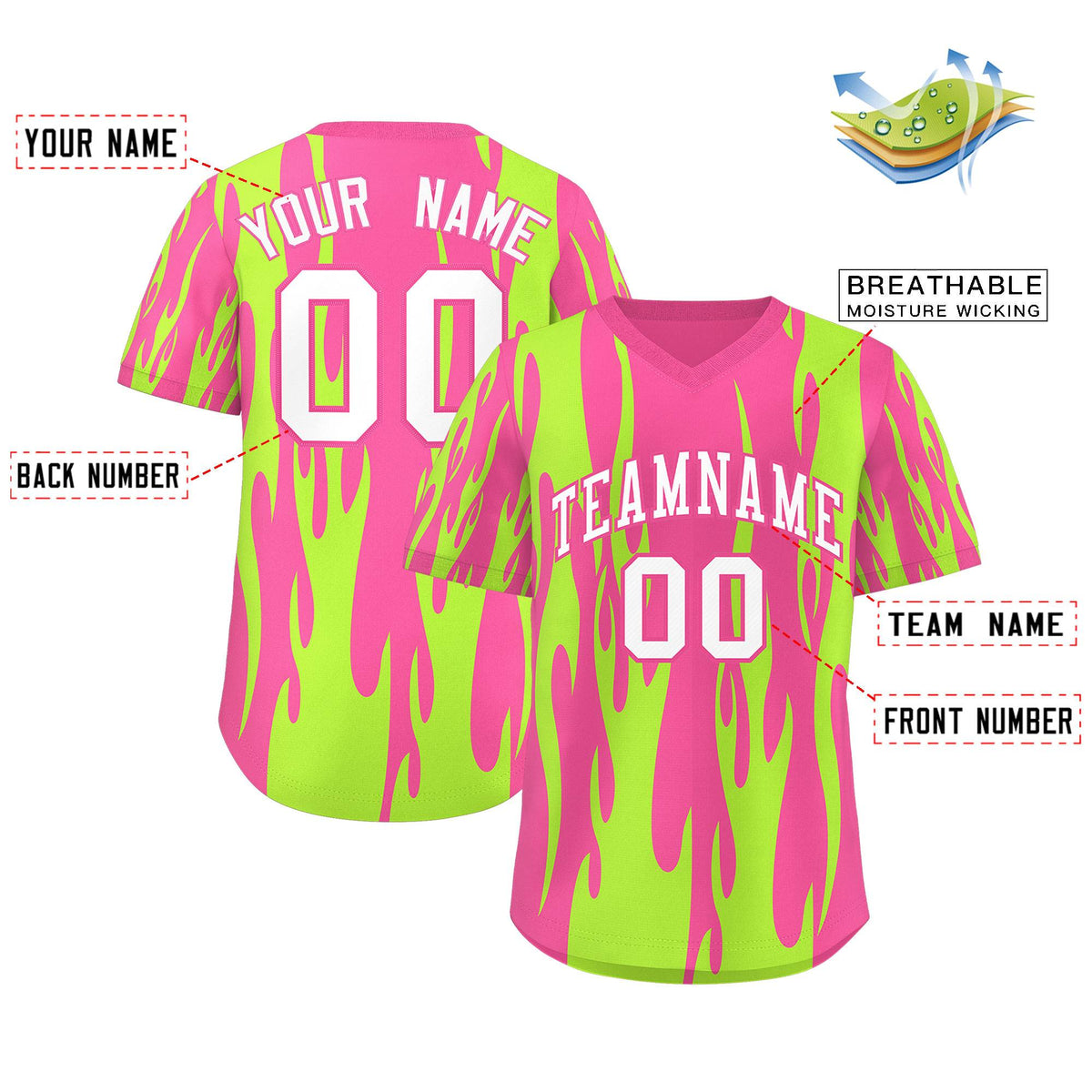 Custom Pink Neon Green Flame Pattern Authentic Pullover Baseball Jersey