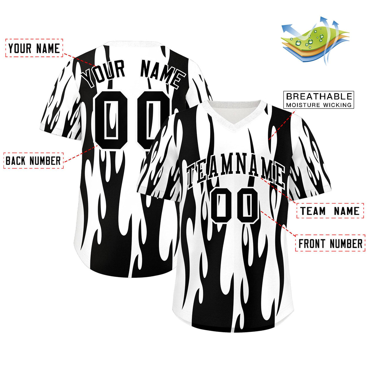 Custom White Black Flame Pattern Authentic Pullover Baseball Jersey