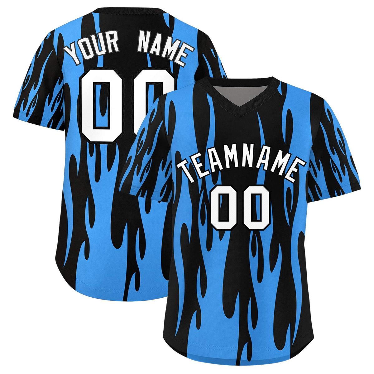 Custom Black Powder Blue Flame Pattern Authentic Pullover Baseball Jersey
