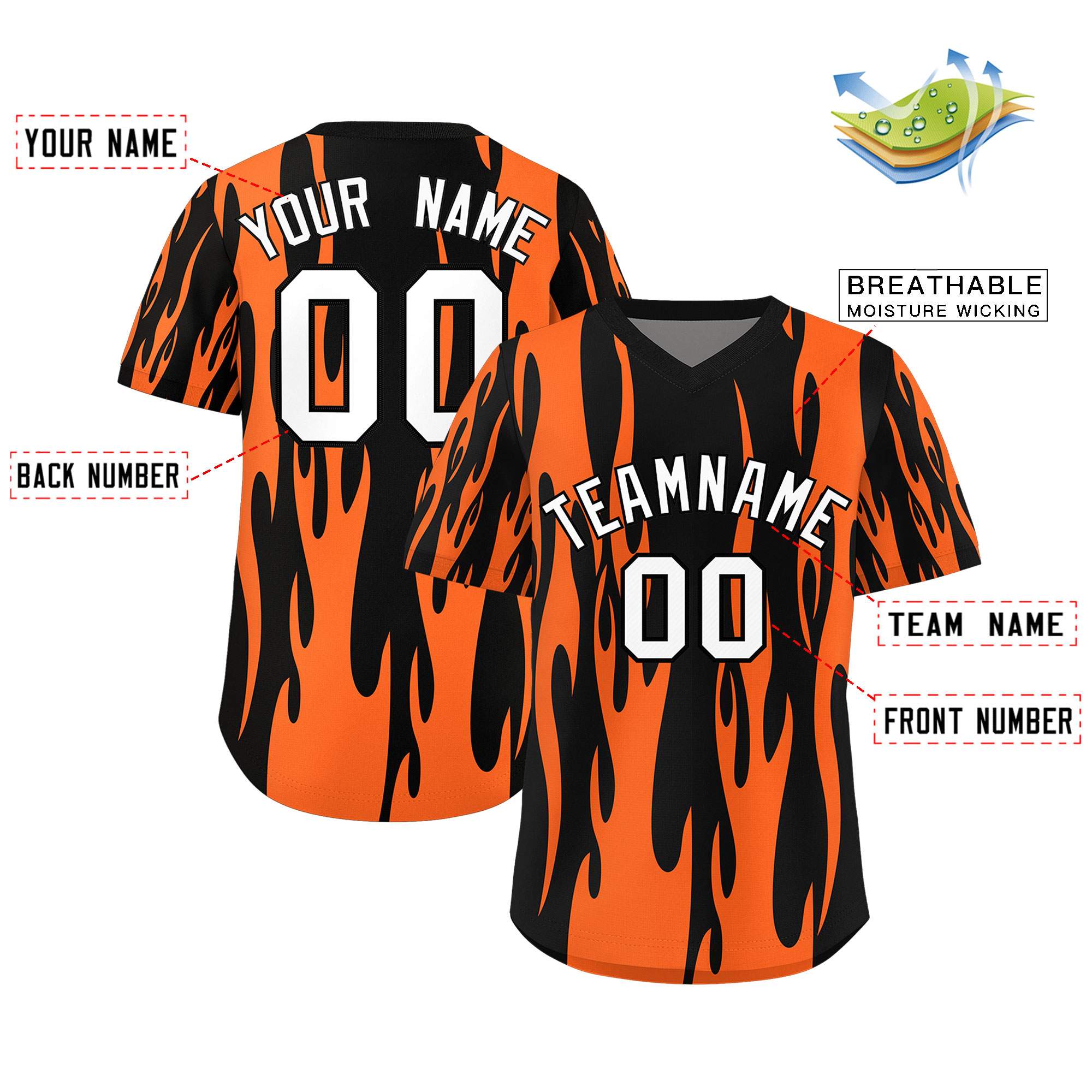 Custom Black Orange Flame Pattern Authentic Pullover Baseball Jersey