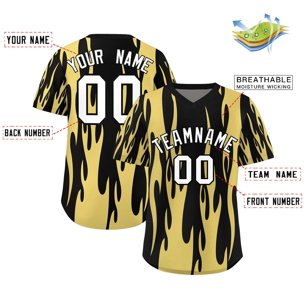 Custom Black Old Gold Flame Pattern Authentic Pullover Baseball Jersey