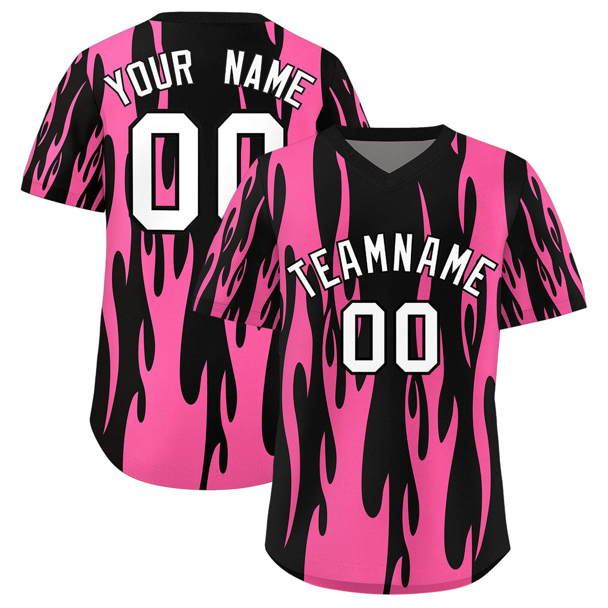 Custom Black Pink Flame Pattern Authentic Pullover Baseball Jersey