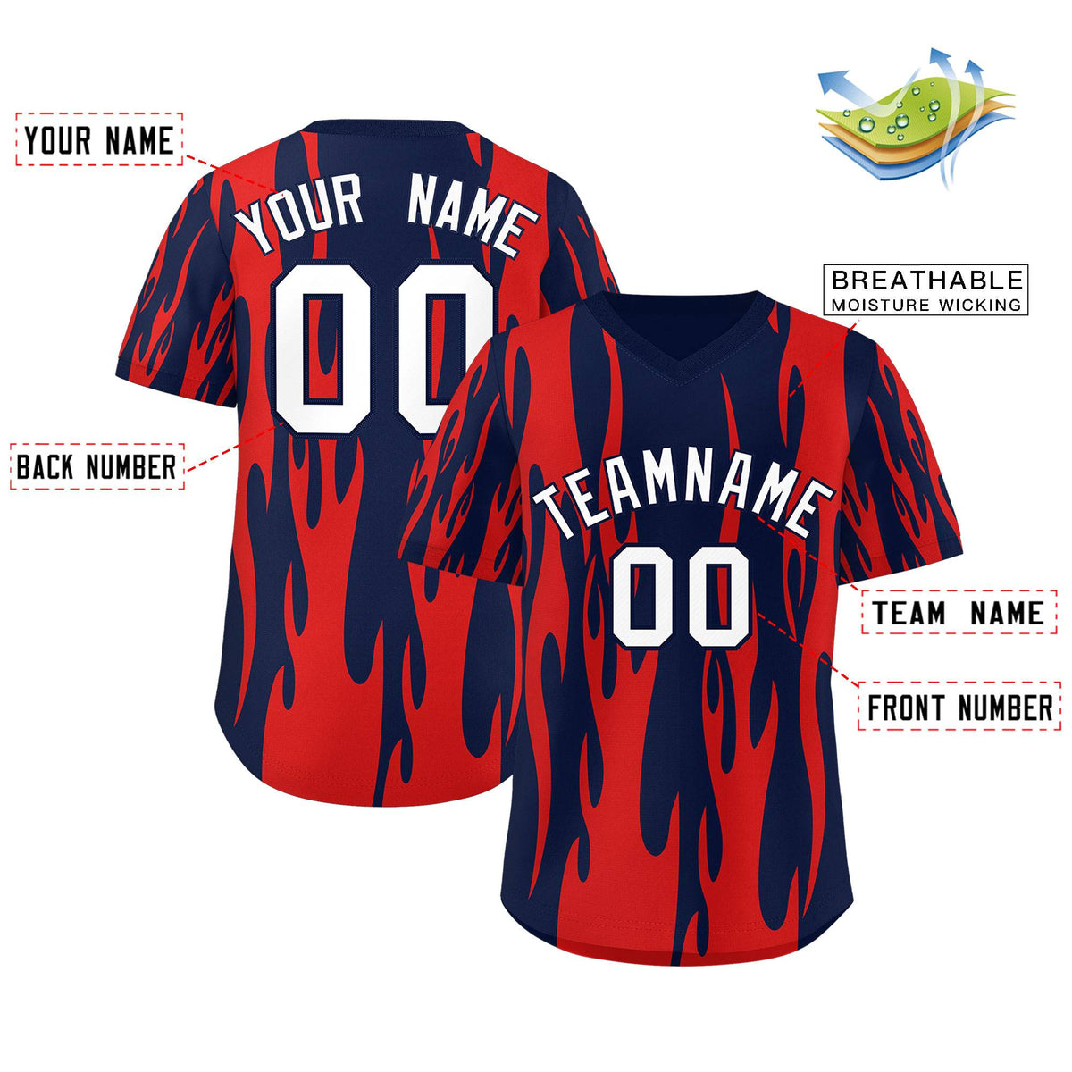 Custom Navy Red Flame Pattern Authentic Pullover Baseball Jersey