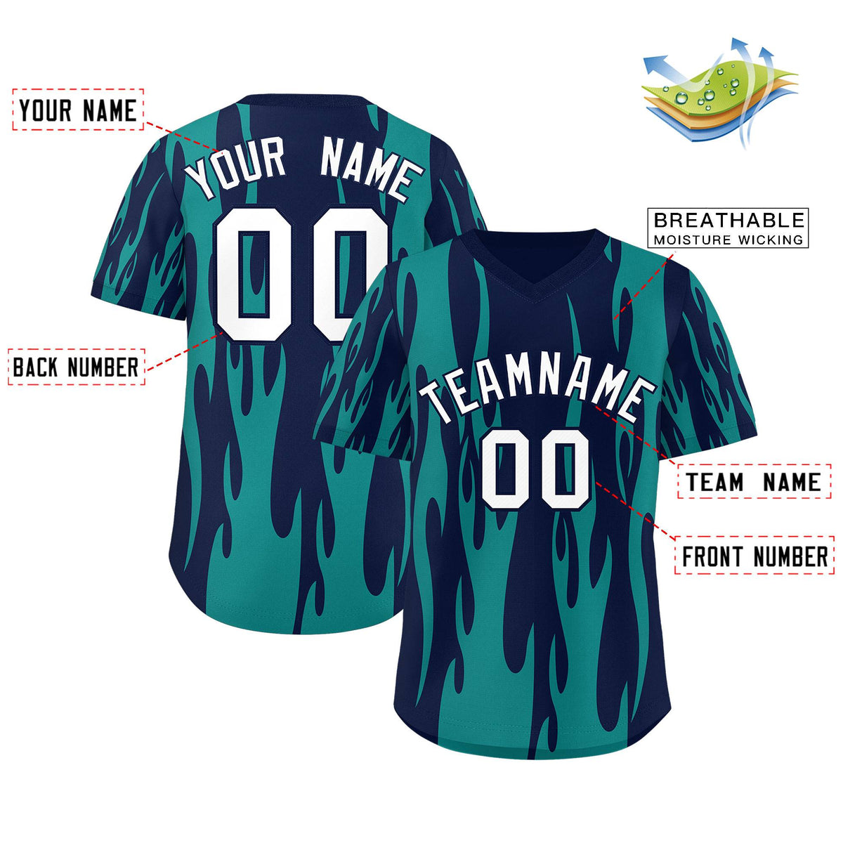 Custom Navy Aqua Flame Pattern Authentic Pullover Baseball Jersey