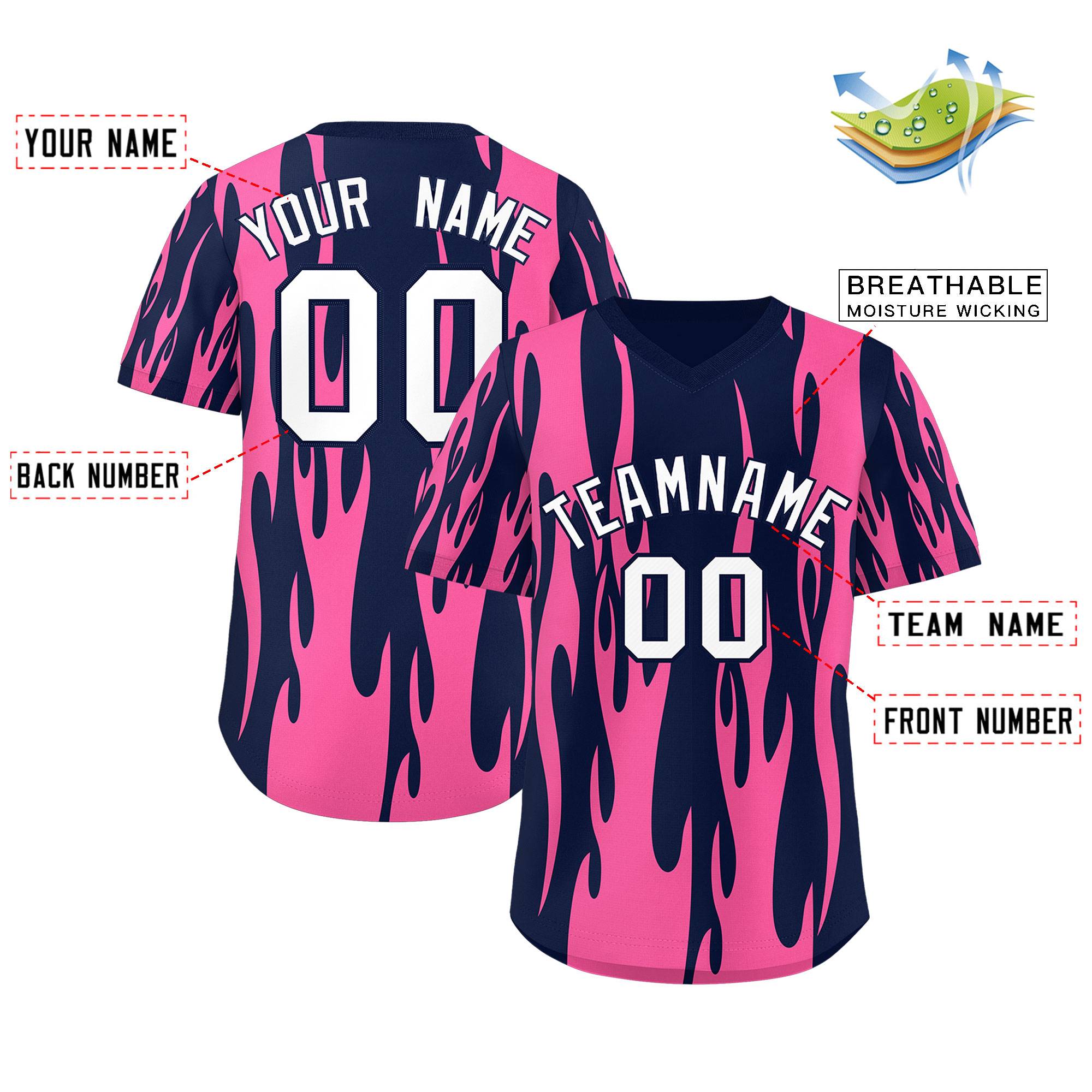 Custom Navy Pink Flame Pattern Authentic Pullover Baseball Jersey
