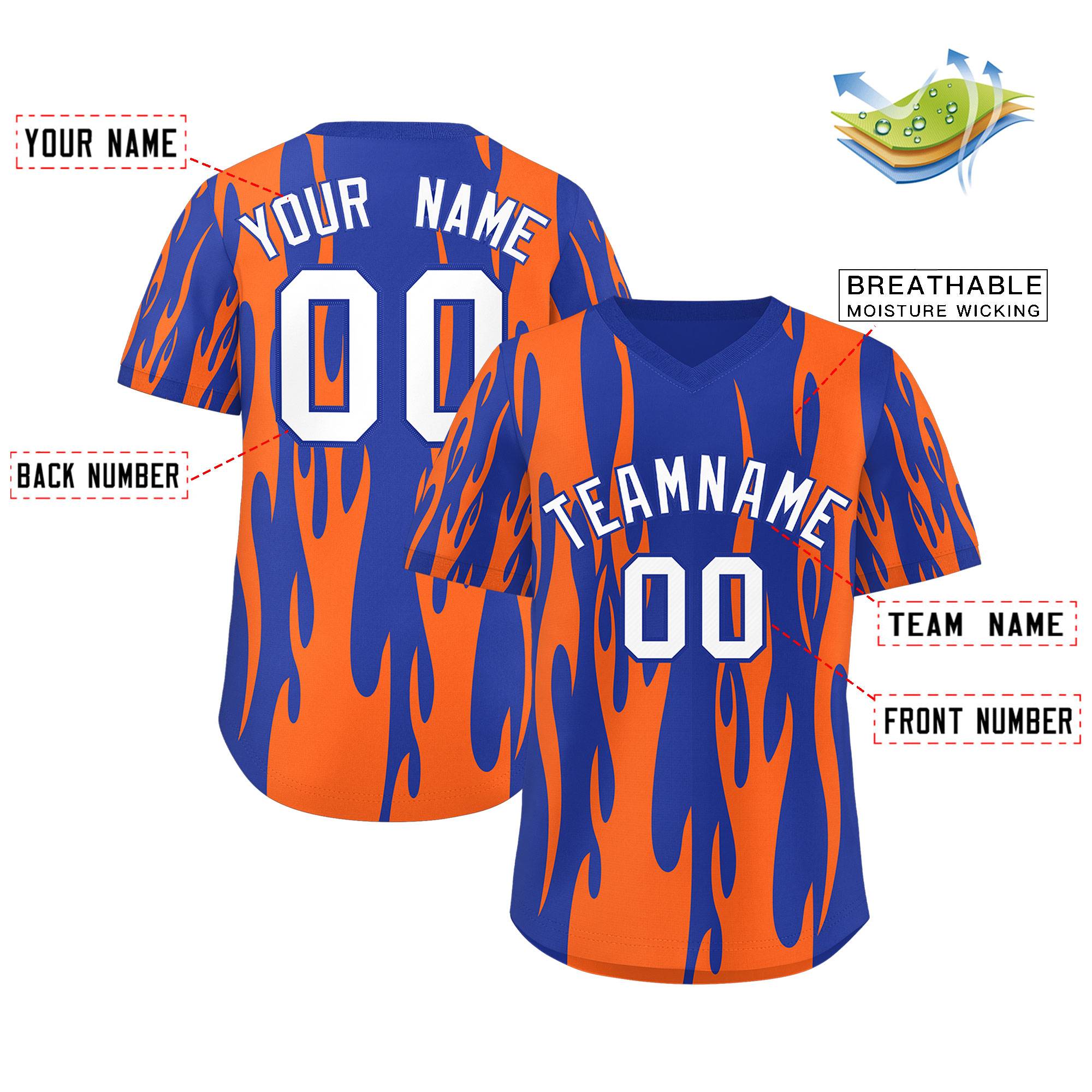 Custom Royal Orange Flame Pattern Authentic Pullover Baseball Jersey