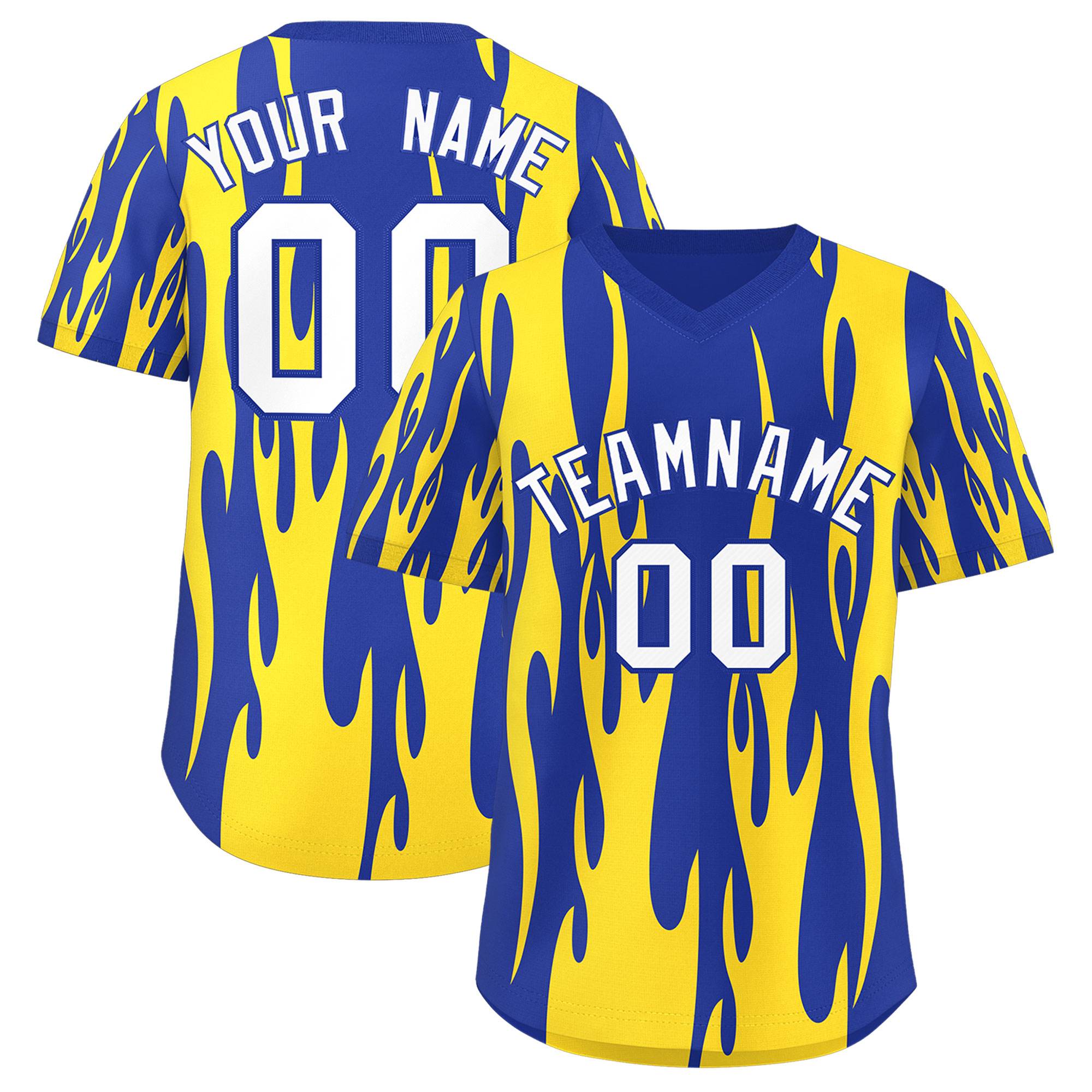 Custom Royal Gold Flame Pattern Authentic Pullover Baseball Jersey